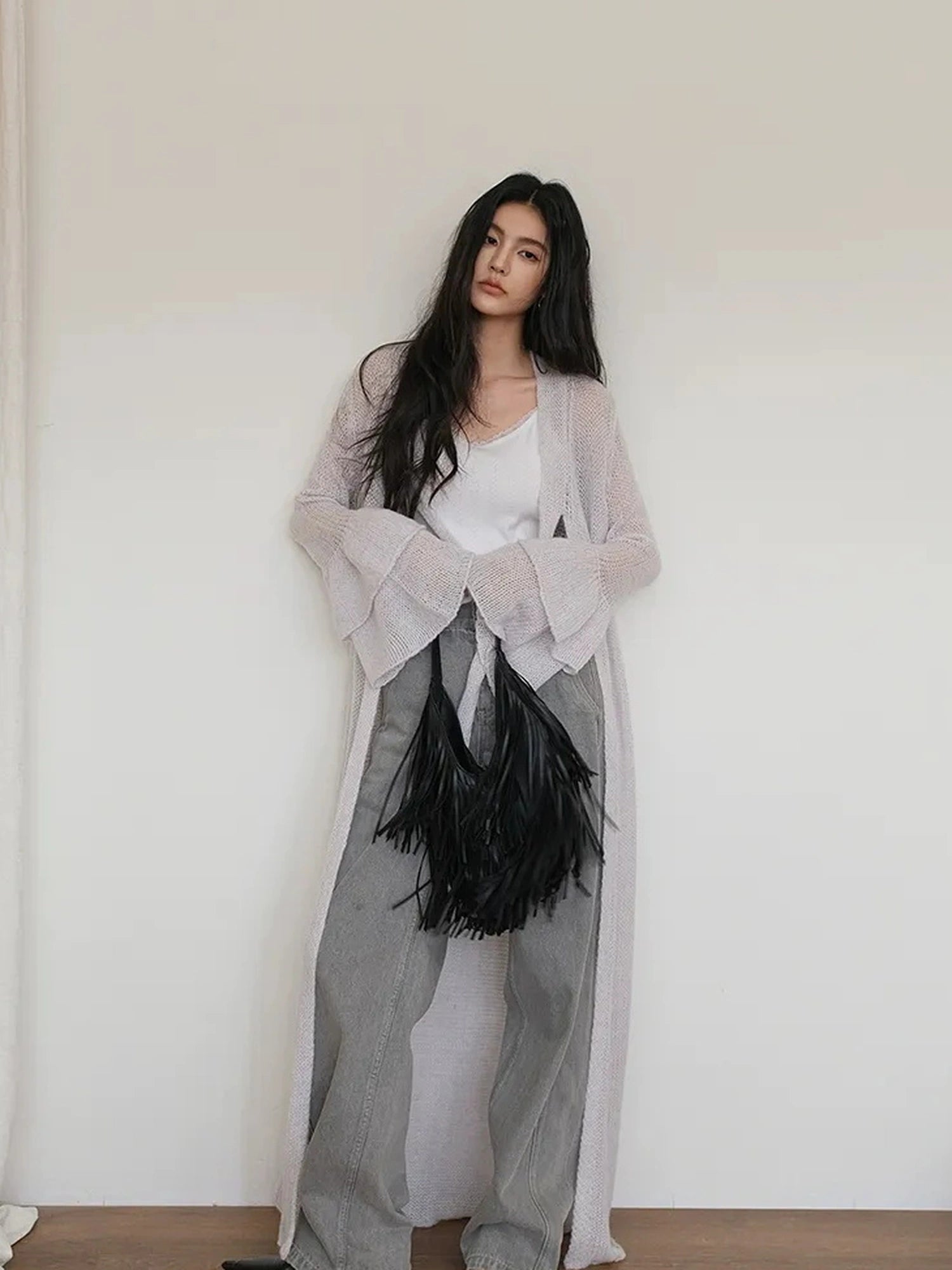 FU FRESH UP Elegant Belted Cashmere Wool Long Cardigan