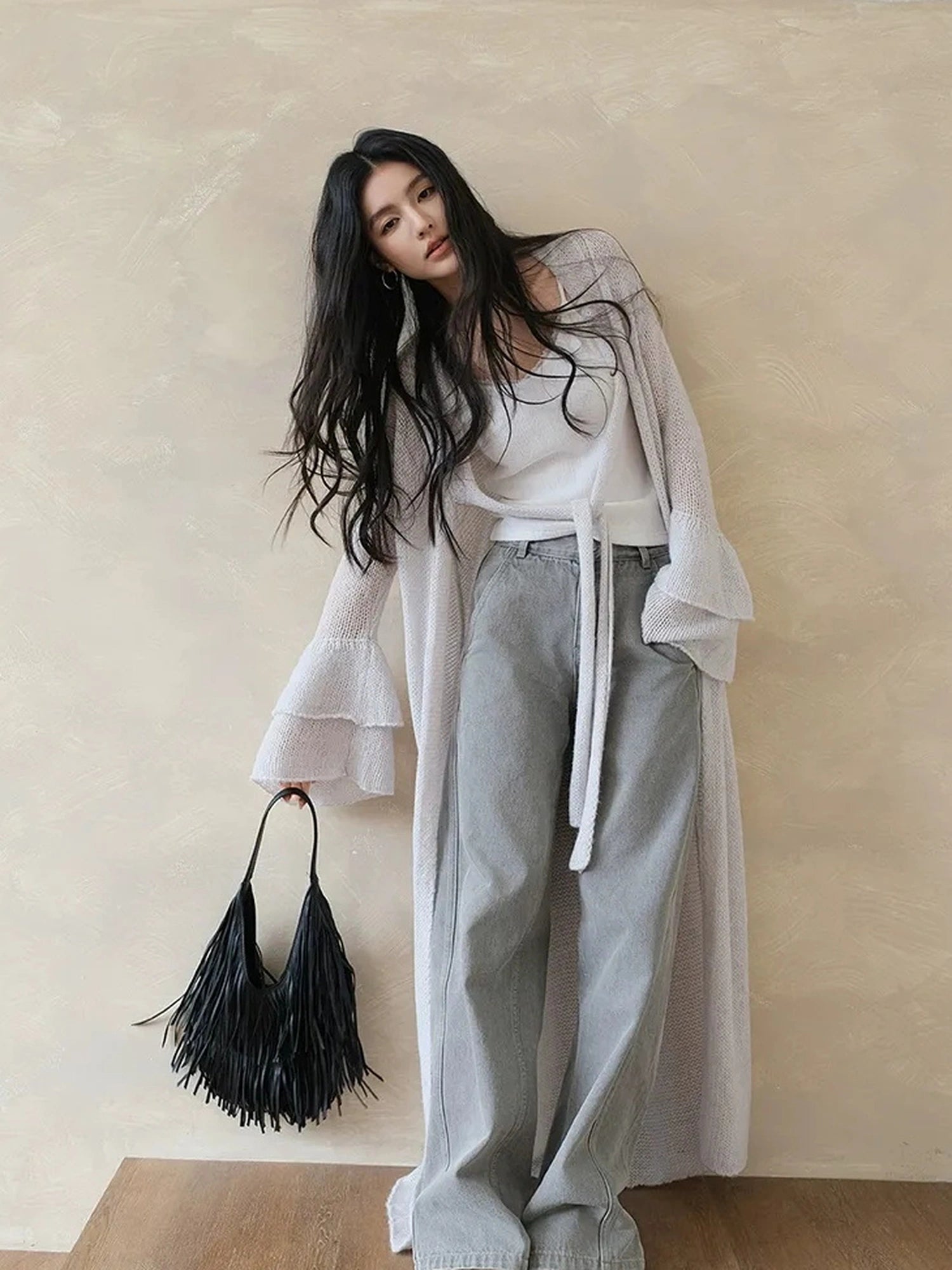 FU FRESH UP Elegant Belted Cashmere Wool Long Cardigan