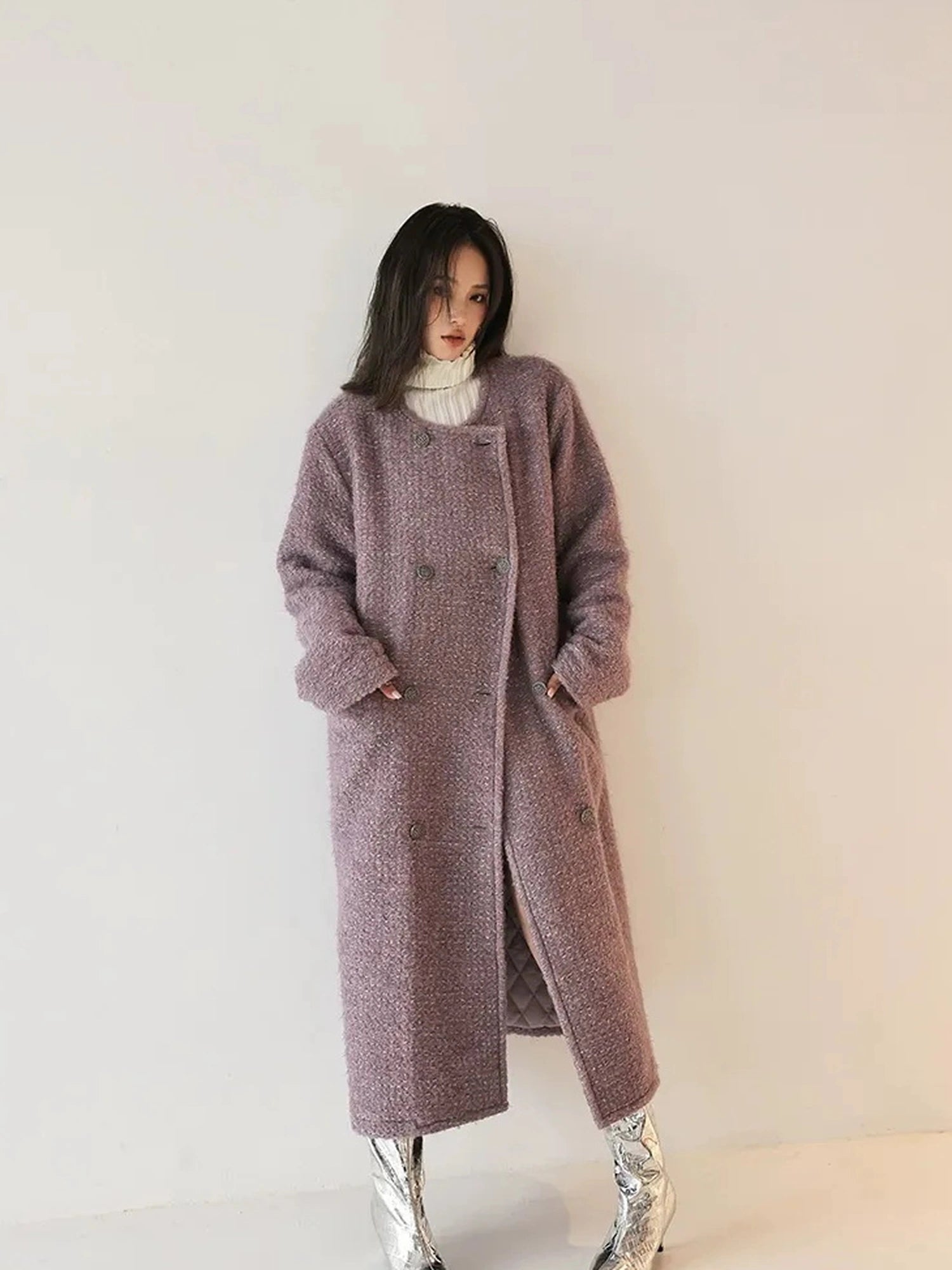 FU FRESH UP Elegant Wool Blend Long Coat With Metallic Yarn
