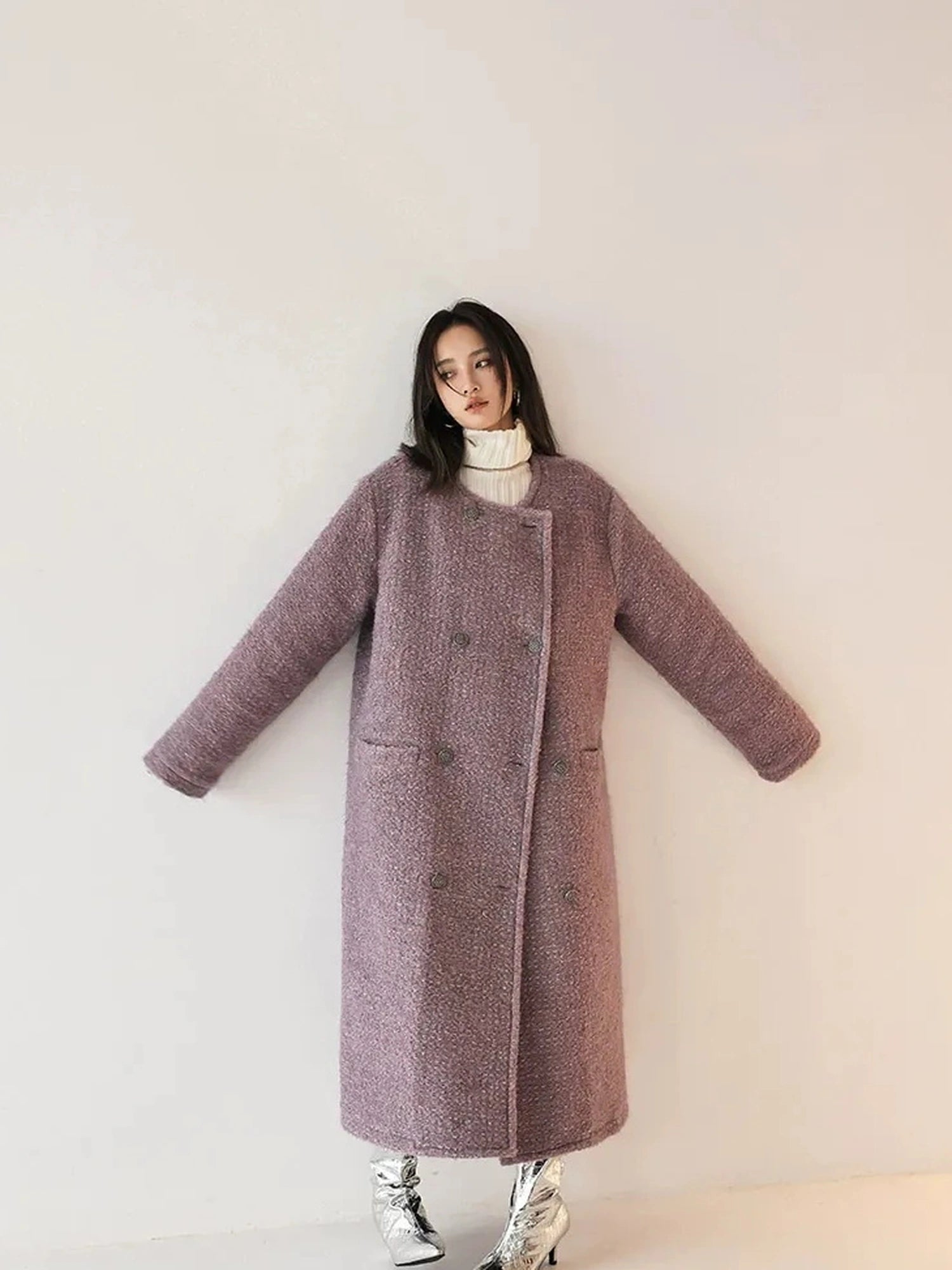 FU FRESH UP Elegant Wool Blend Long Coat With Metallic Yarn