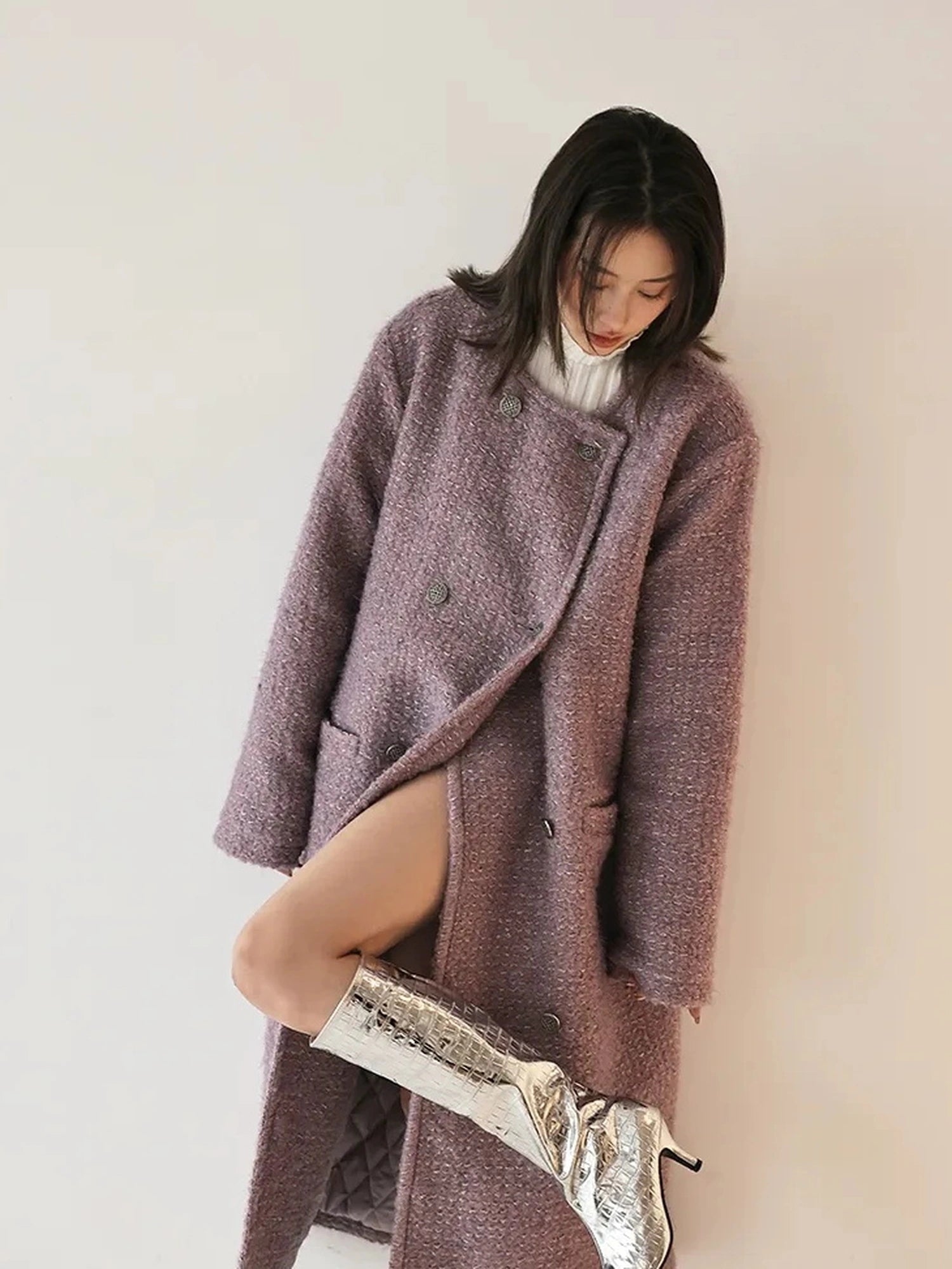 FU FRESH UP Elegant Wool Blend Long Coat With Metallic Yarn