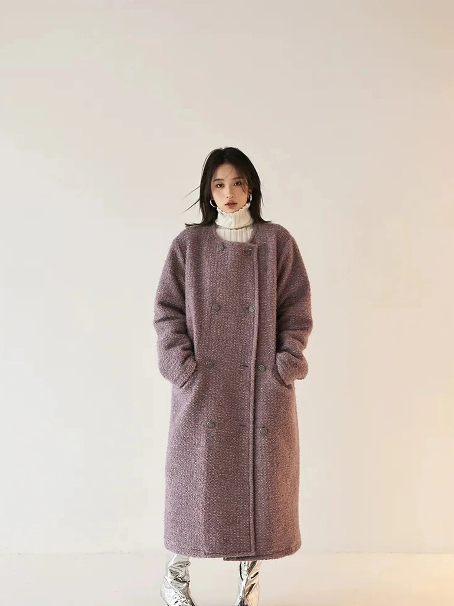 FU FRESH UP Elegant Wool Blend Long Coat With Metallic Yarn