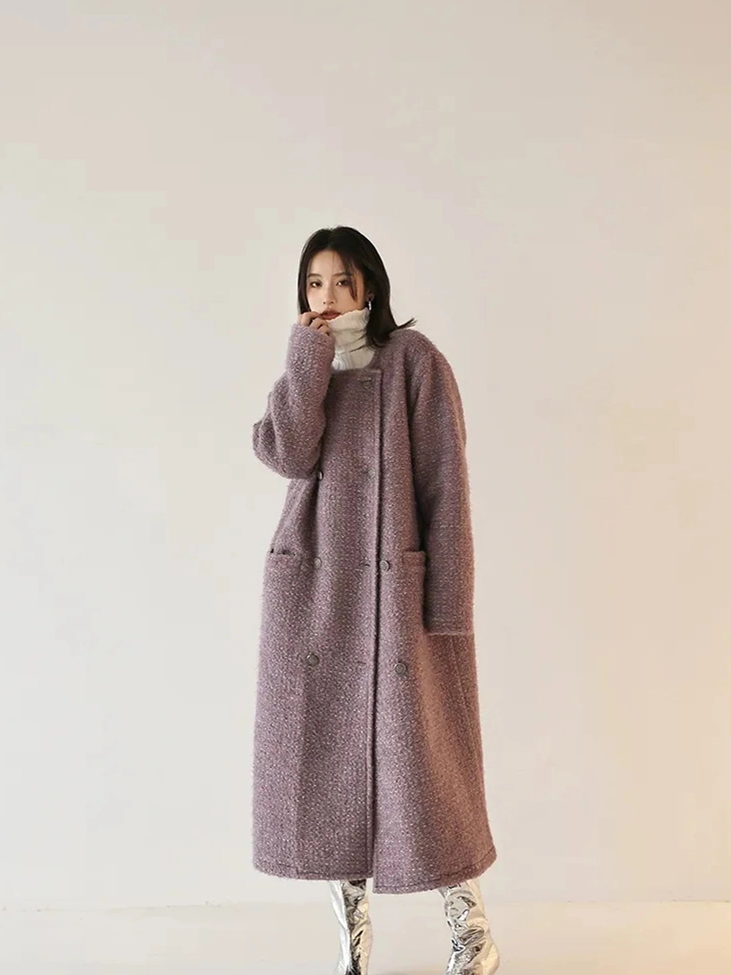 FU FRESH UP Elegant Wool Blend Long Coat With Metallic Yarn
