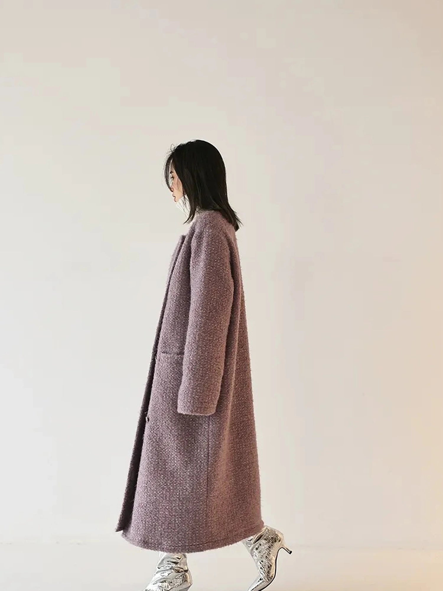FU FRESH UP Elegant Wool Blend Long Coat With Metallic Yarn
