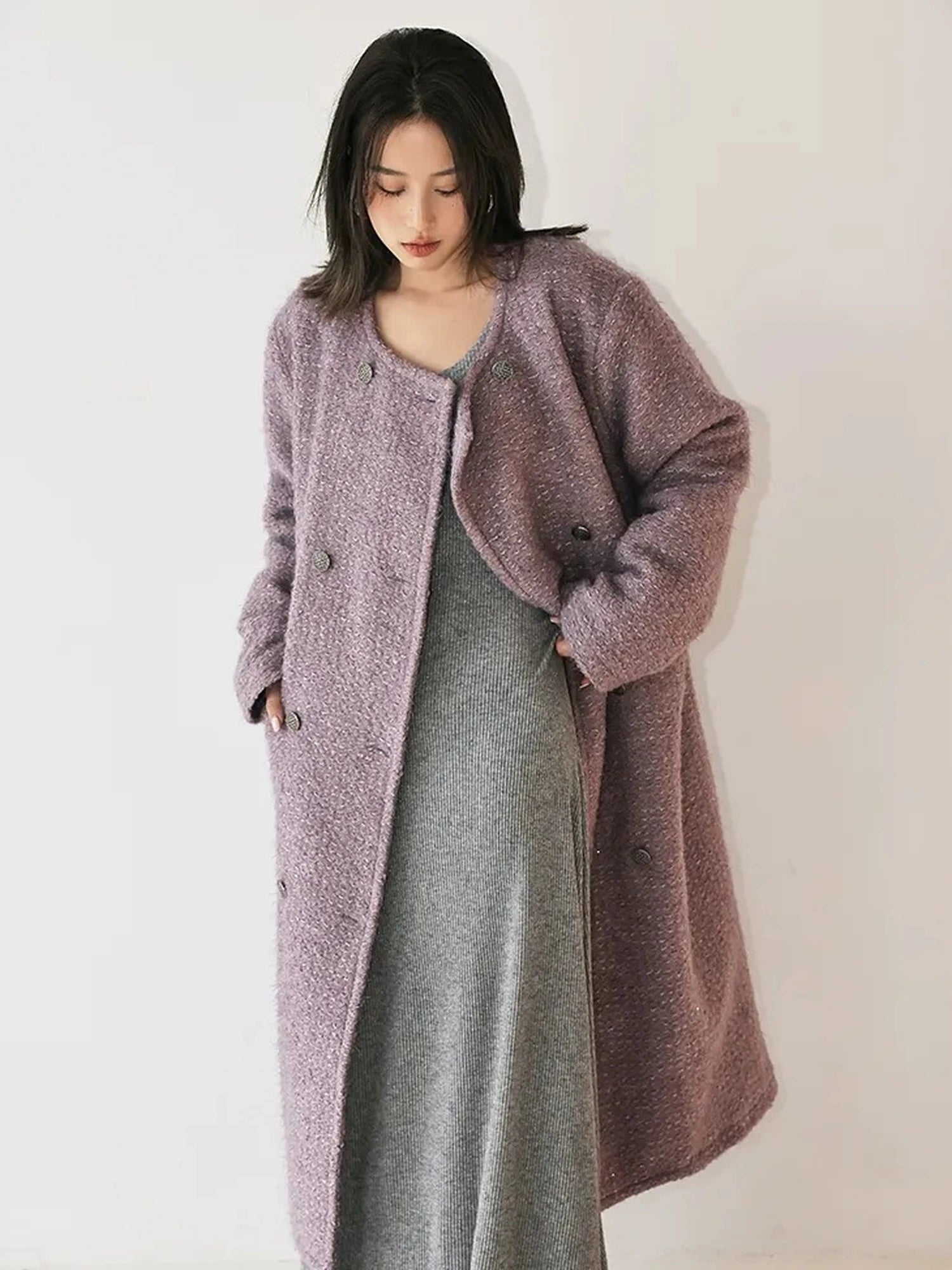 FU FRESH UP Elegant Wool Blend Long Coat With Metallic Yarn