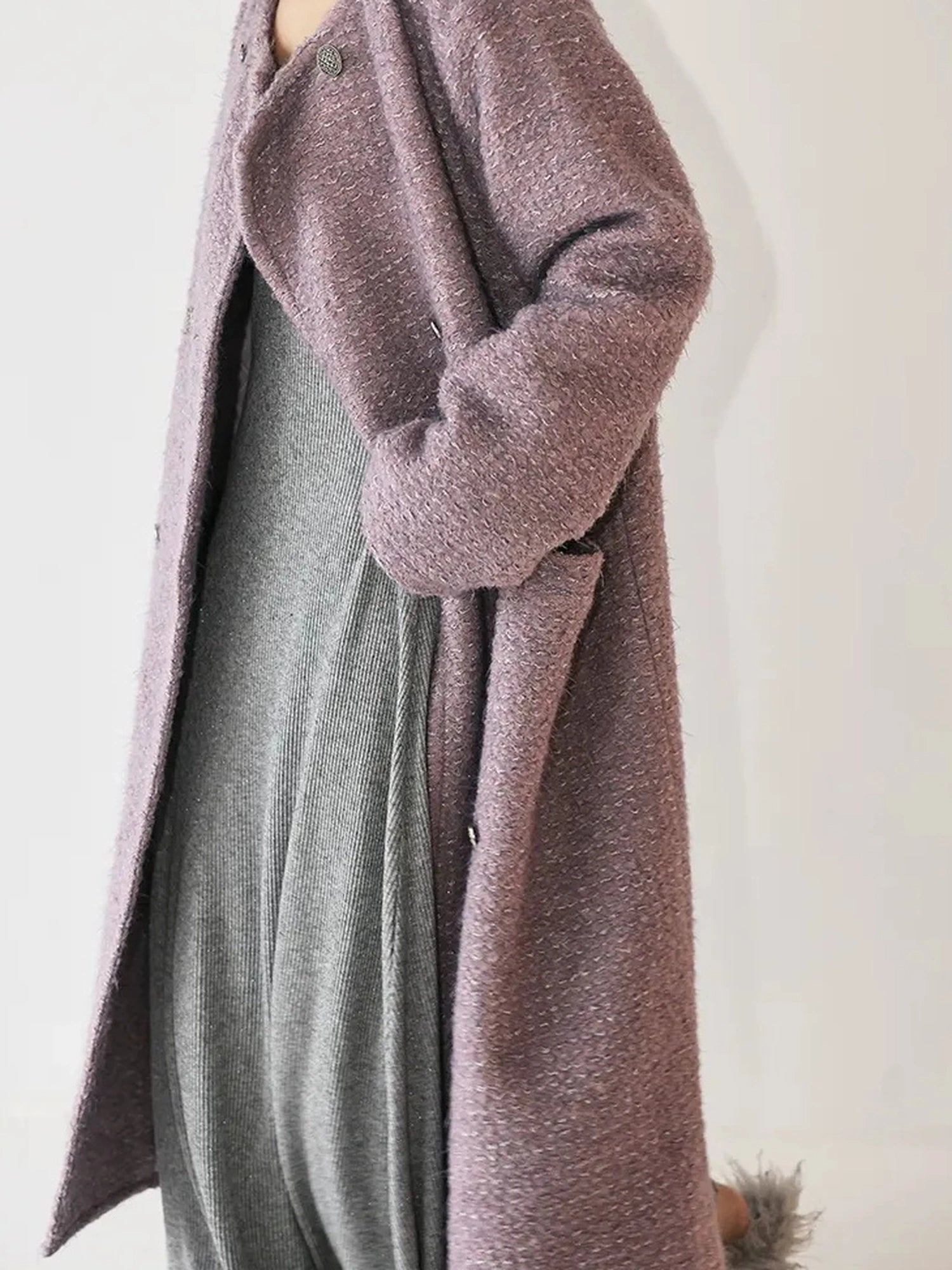 FU FRESH UP Elegant Wool Blend Long Coat With Metallic Yarn