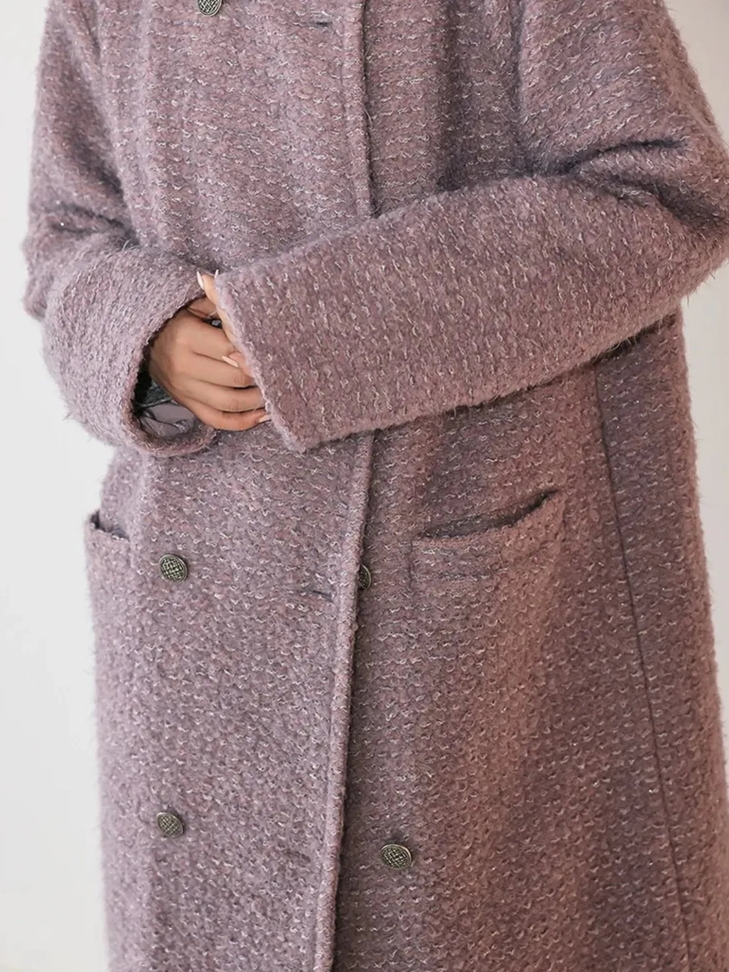 FU FRESH UP Elegant Wool Blend Long Coat With Metallic Yarn