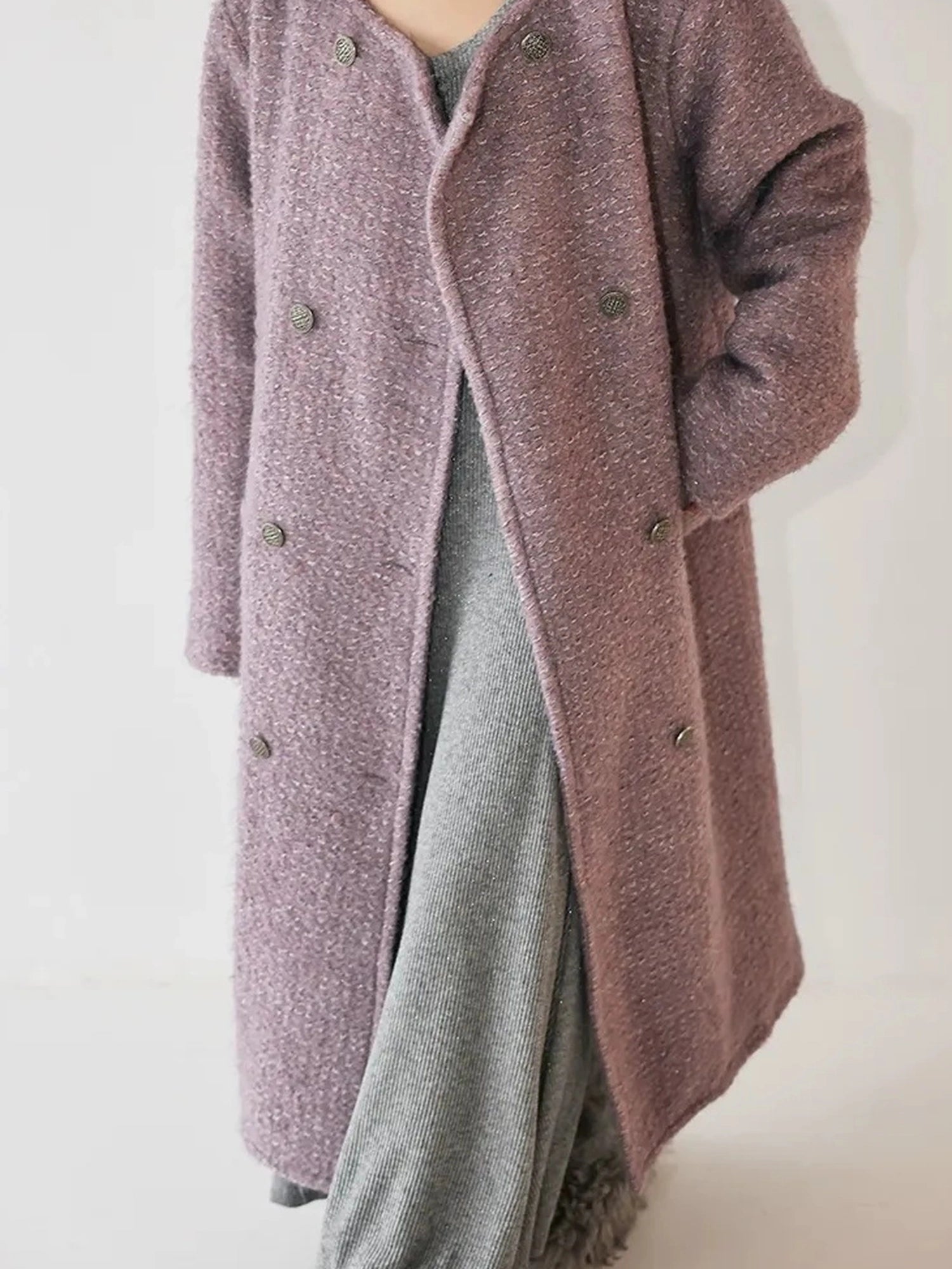 FU FRESH UP Elegant Wool Blend Long Coat With Metallic Yarn
