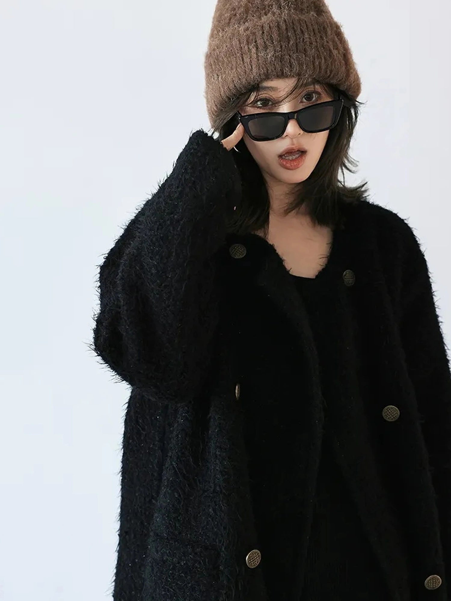 FU FRESH UP Elegant Wool Blend Long Coat With Metallic Yarn