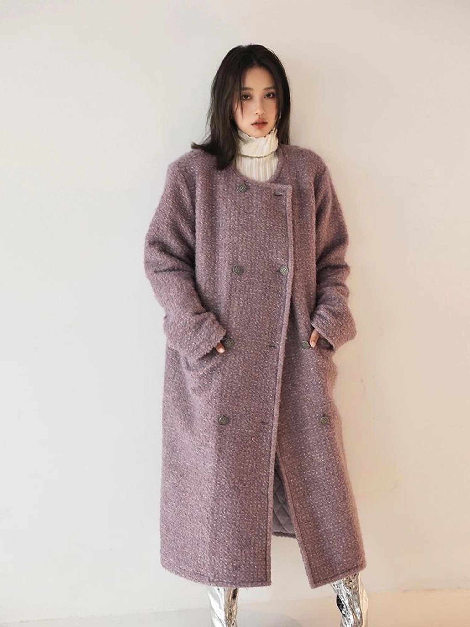 FU FRESH UP Elegant Wool Blend Long Coat With Metallic Yarn