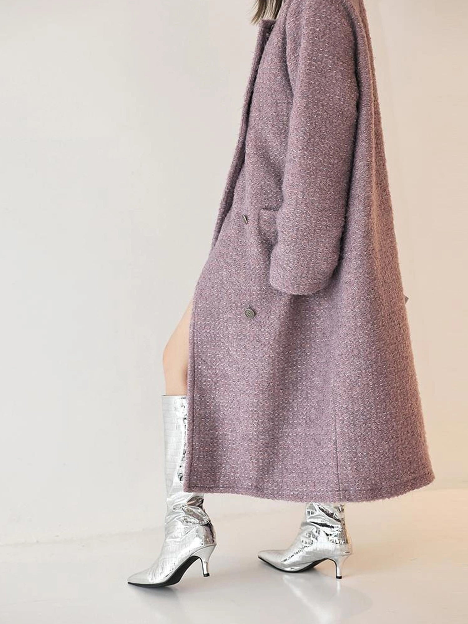 FU FRESH UP Elegant Wool Blend Long Coat With Metallic Yarn
