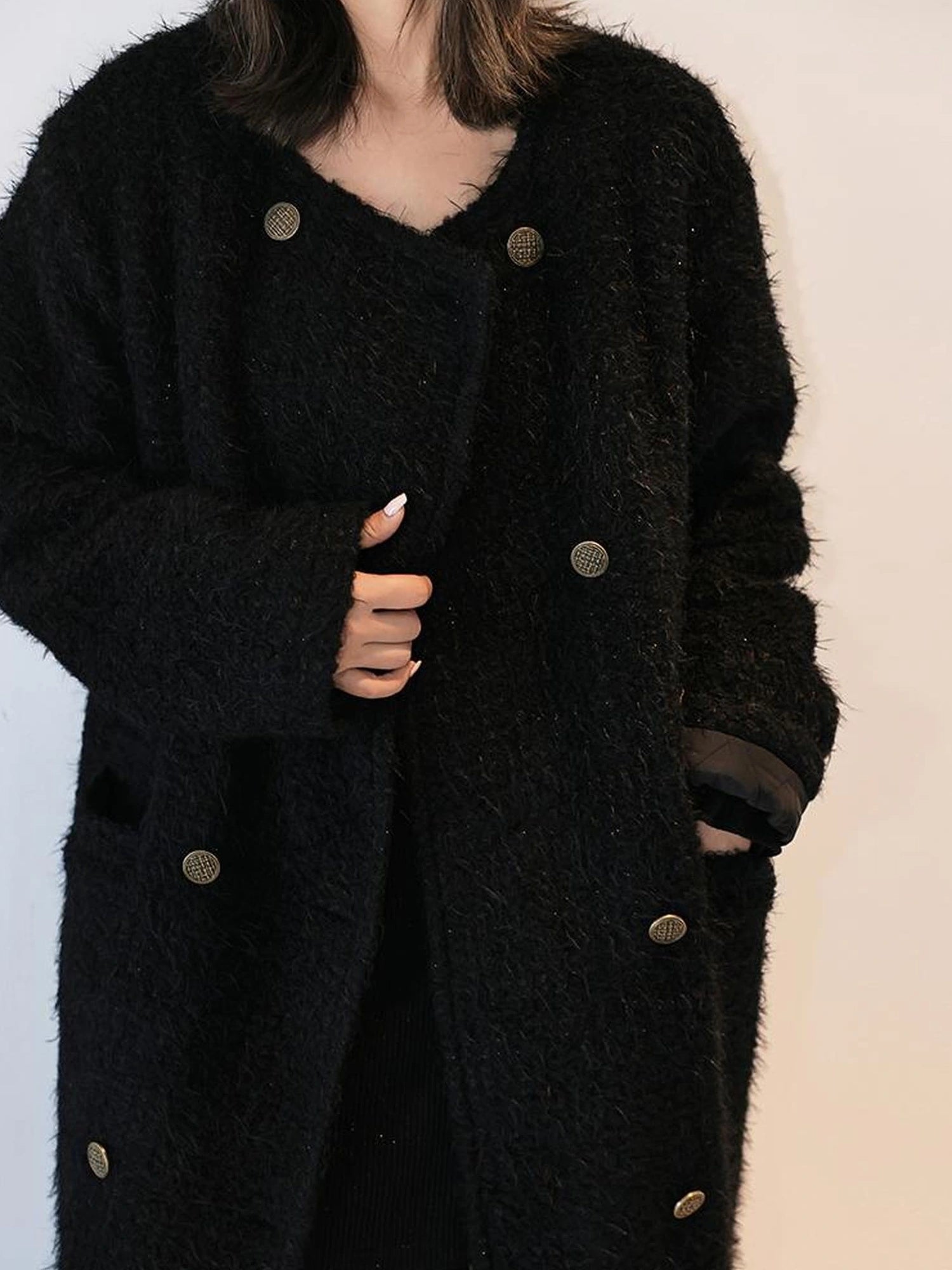 FU FRESH UP Elegant Wool Blend Long Coat With Metallic Yarn