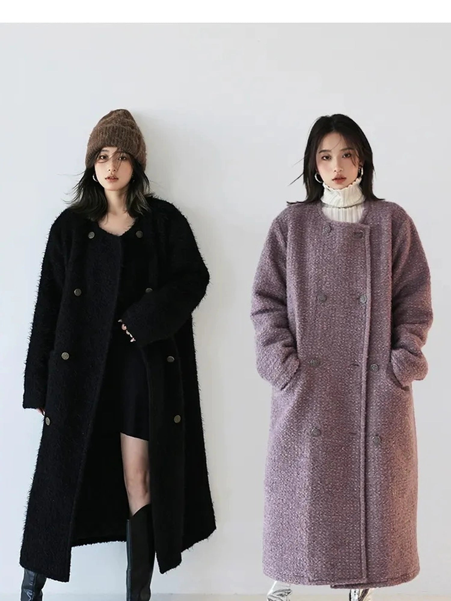 FU FRESH UP Elegant Wool Blend Long Coat With Metallic Yarn
