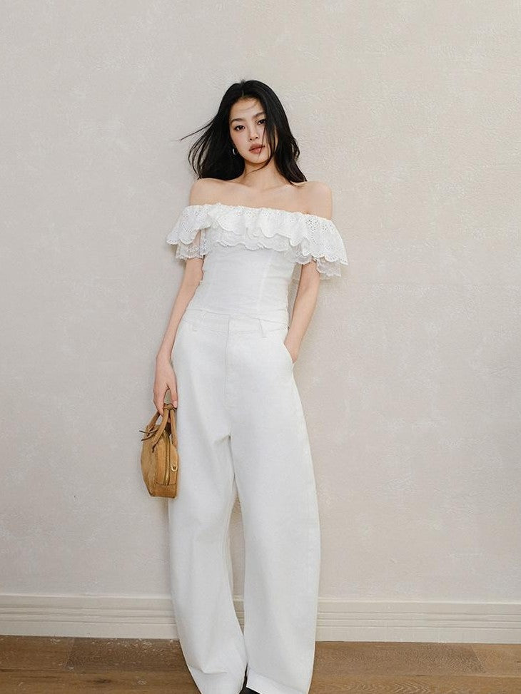 FU FRESH UP Embroidered Lace Ruffle Slim Fit Women&
