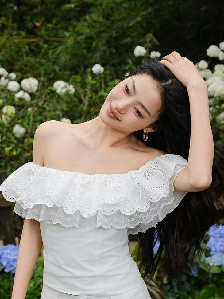 FU FRESH UP Embroidered Lace Ruffle Slim Fit Women&