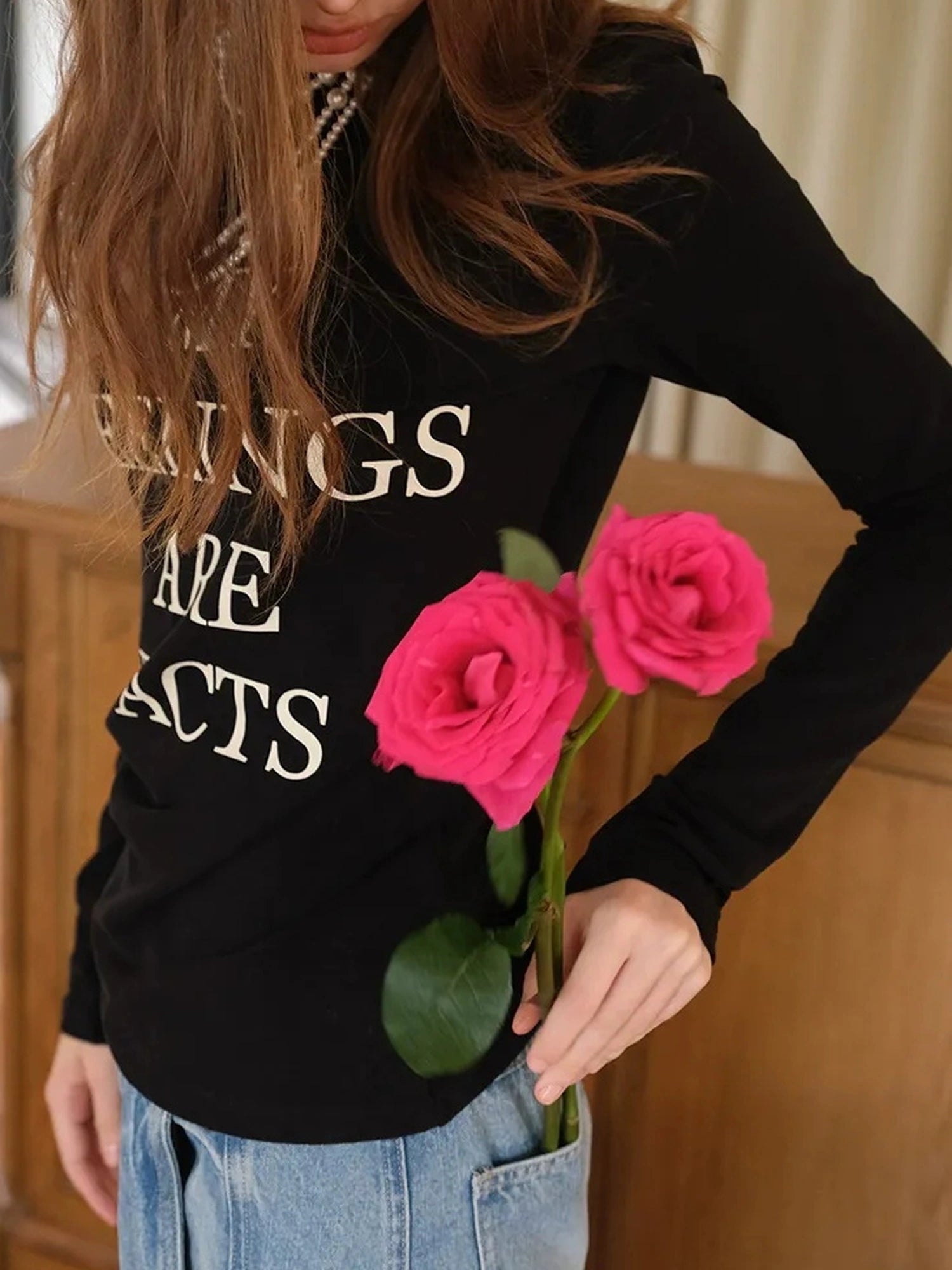 Embroidered Lettering Brushed Long Sleeve Tee