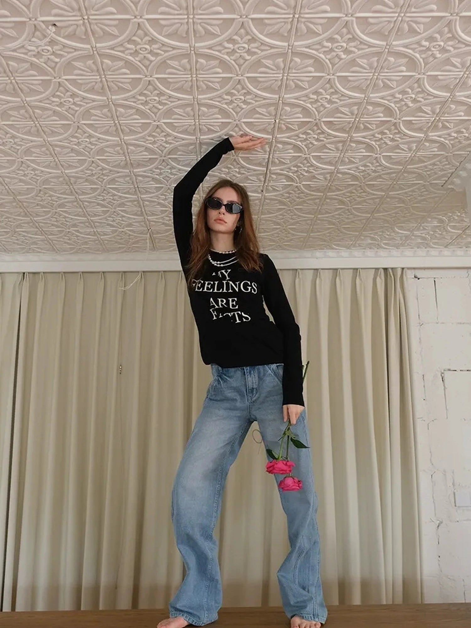 Embroidered Lettering Brushed Long Sleeve Tee