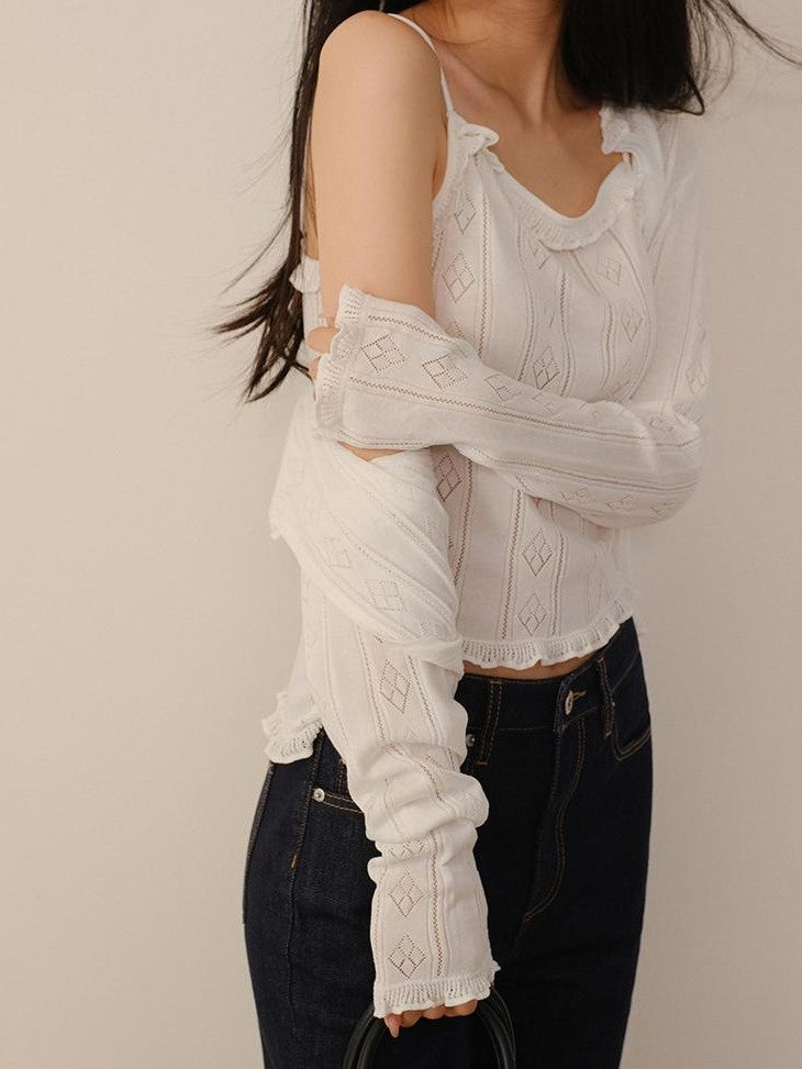 FU FRESH UP Eyelet Lace Knit Long Sleeve Women&