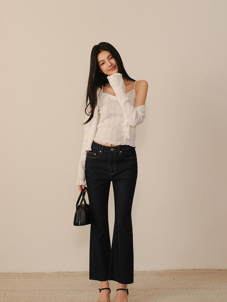 FU FRESH UP Eyelet Lace Knit Long Sleeve Women&