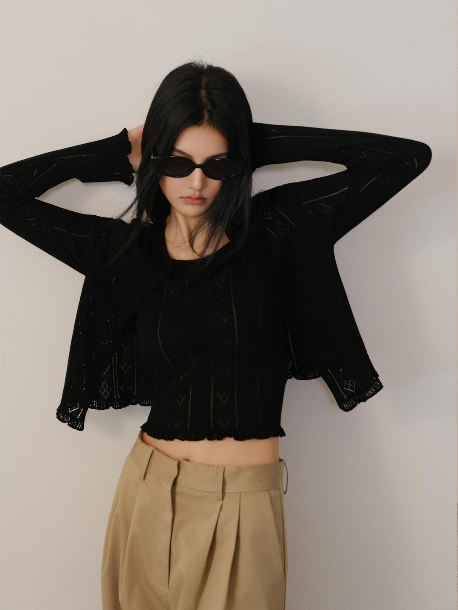 FU FRESH UP Eyelet Lace Knit Long Sleeve Women&