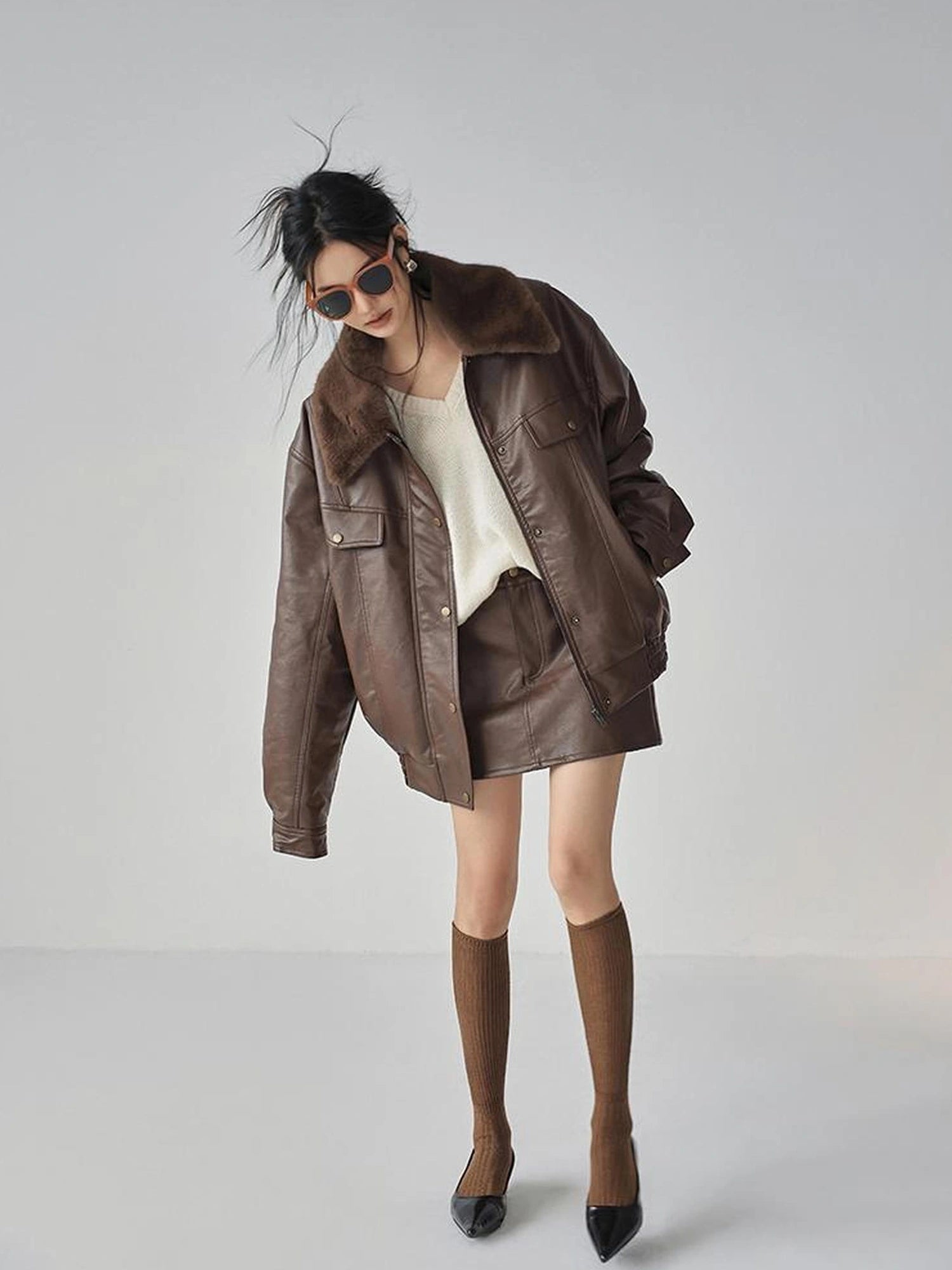 FU FRESH UP Fall Winter Eco Pu Shearling Collar Jacket