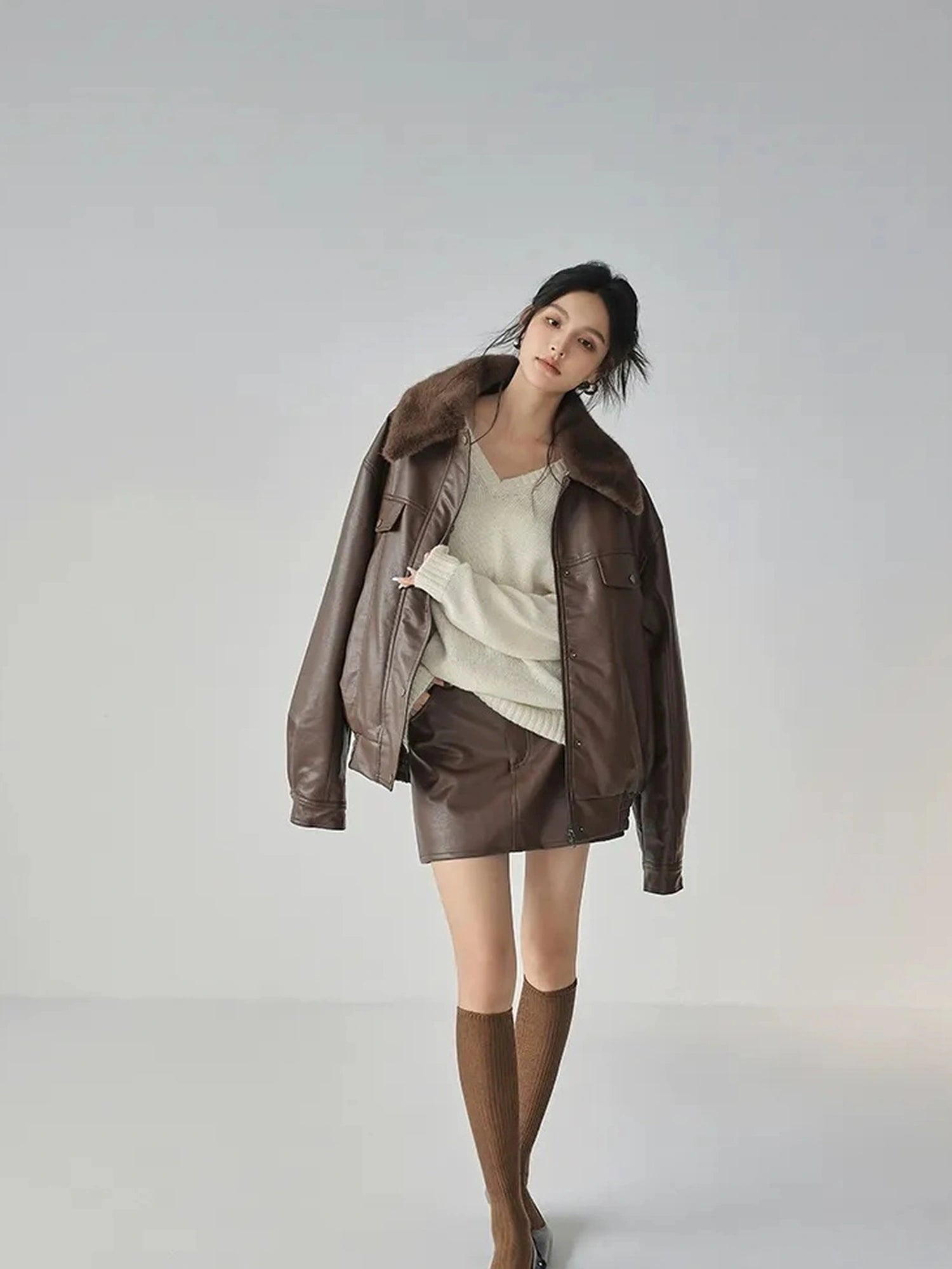 FU FRESH UP Fall Winter Eco Pu Shearling Collar Jacket