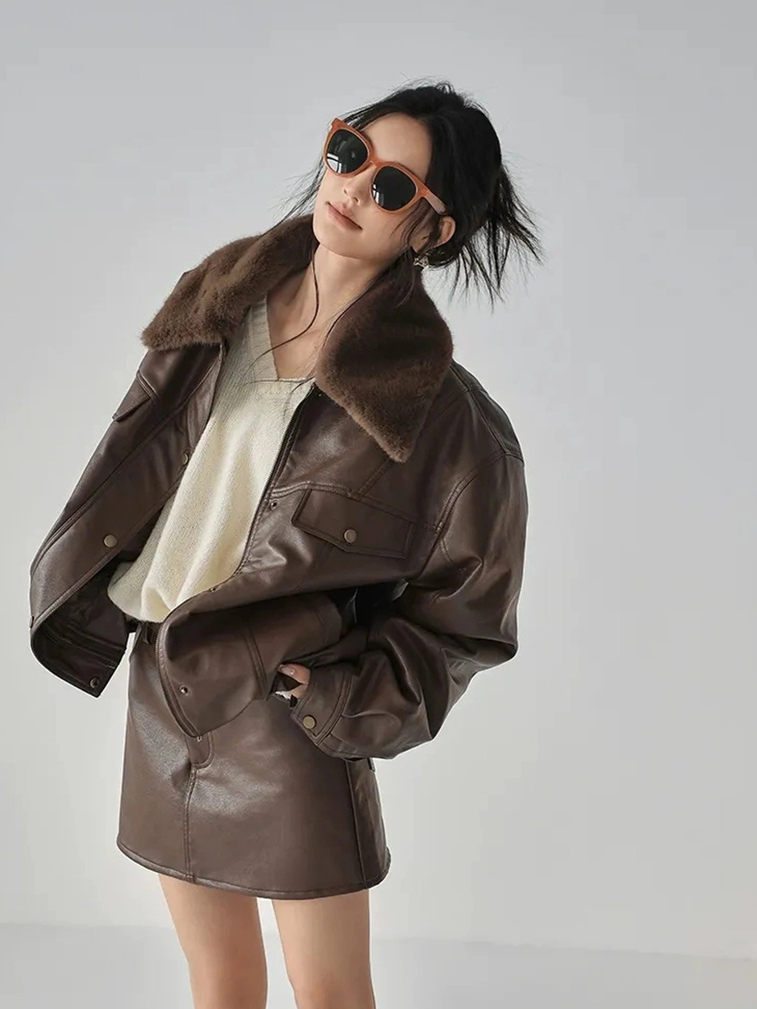 FU FRESH UP Fall Winter Eco Pu Shearling Collar Jacket