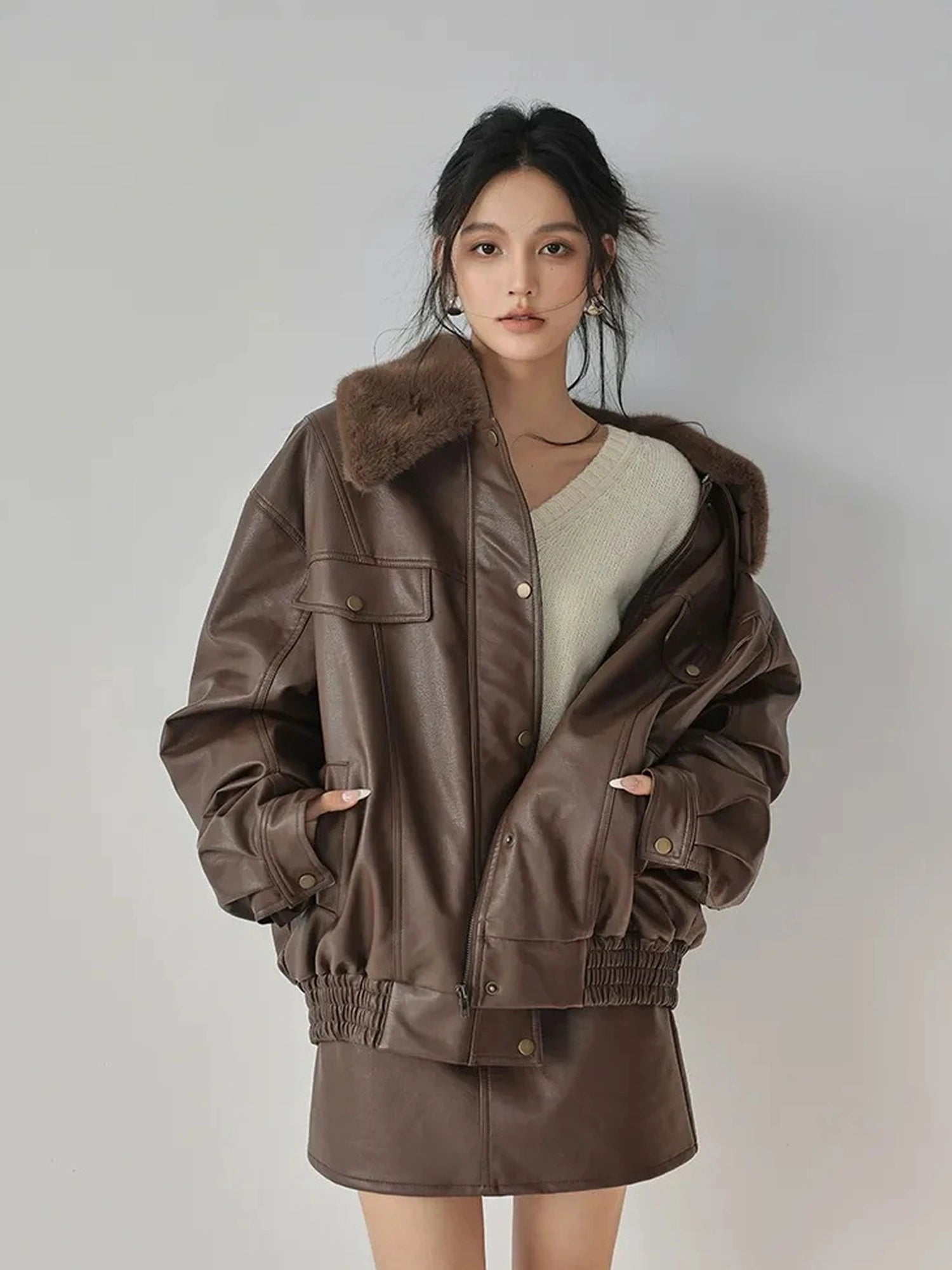 FU FRESH UP Fall Winter Eco Pu Shearling Collar Jacket