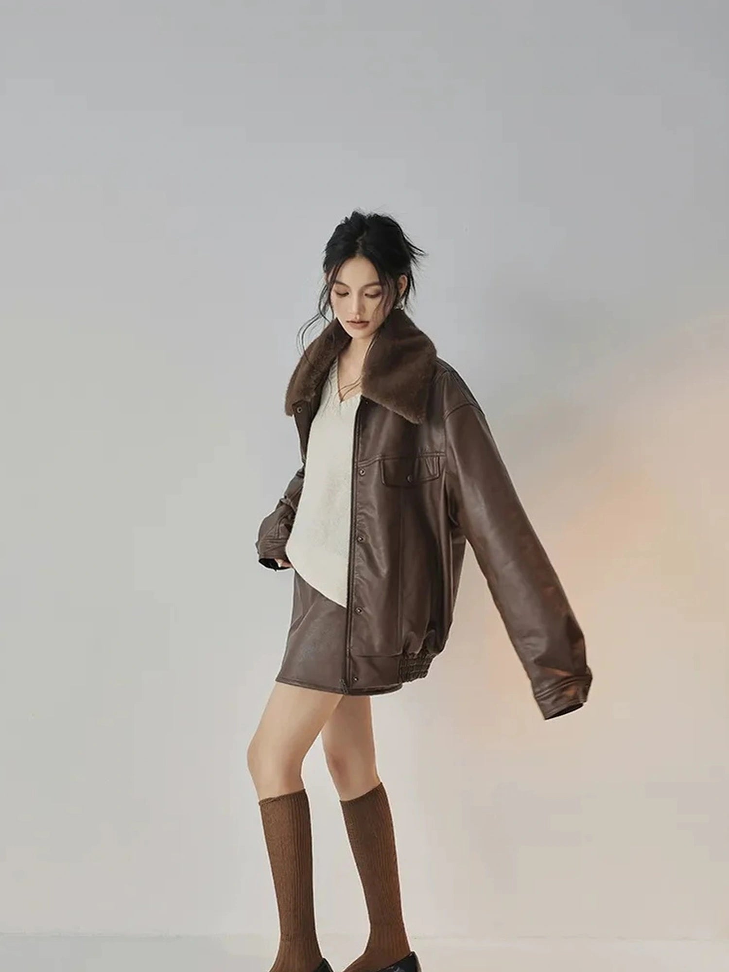 FU FRESH UP Fall Winter Eco Pu Shearling Collar Jacket