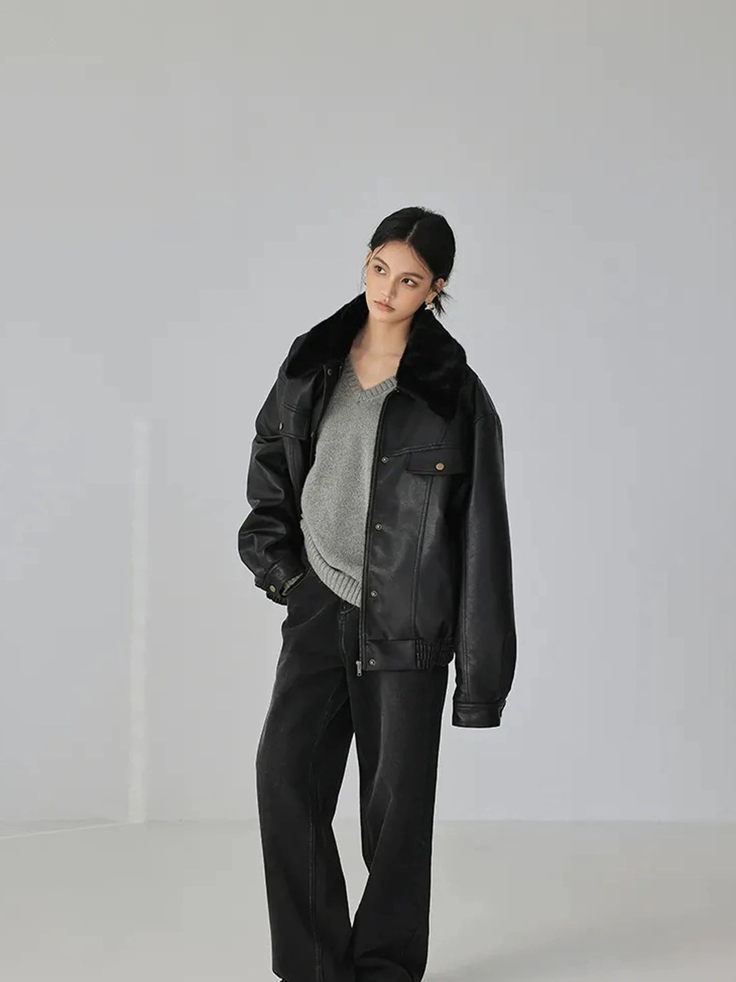 FU FRESH UP Fall Winter Eco Pu Shearling Collar Jacket