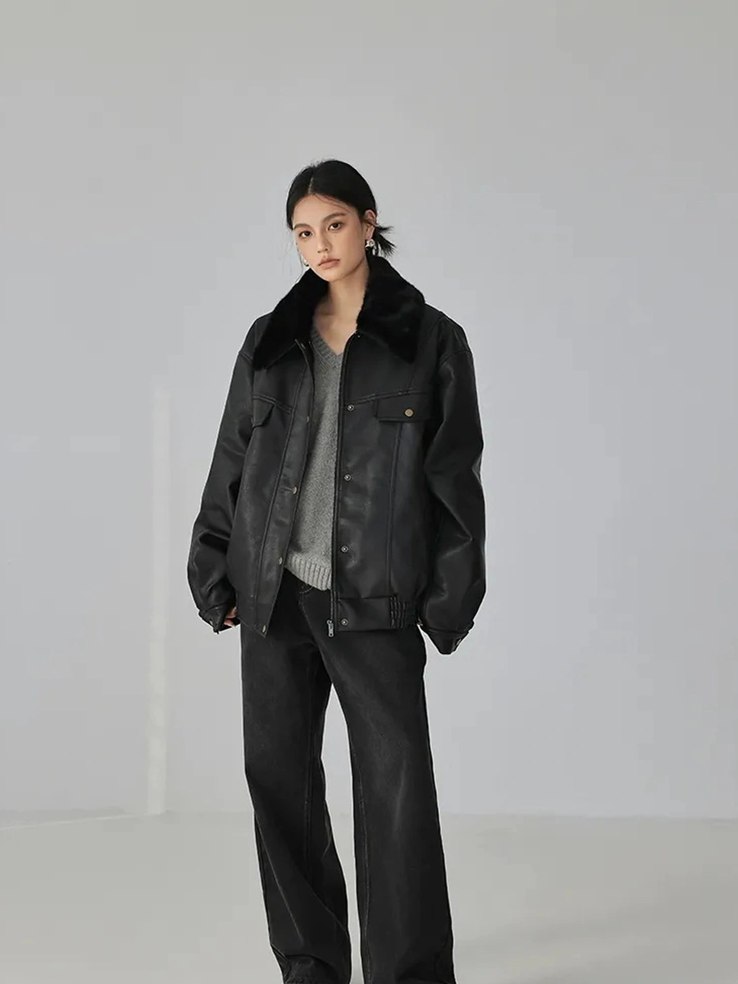 FU FRESH UP Fall Winter Eco Pu Shearling Collar Jacket