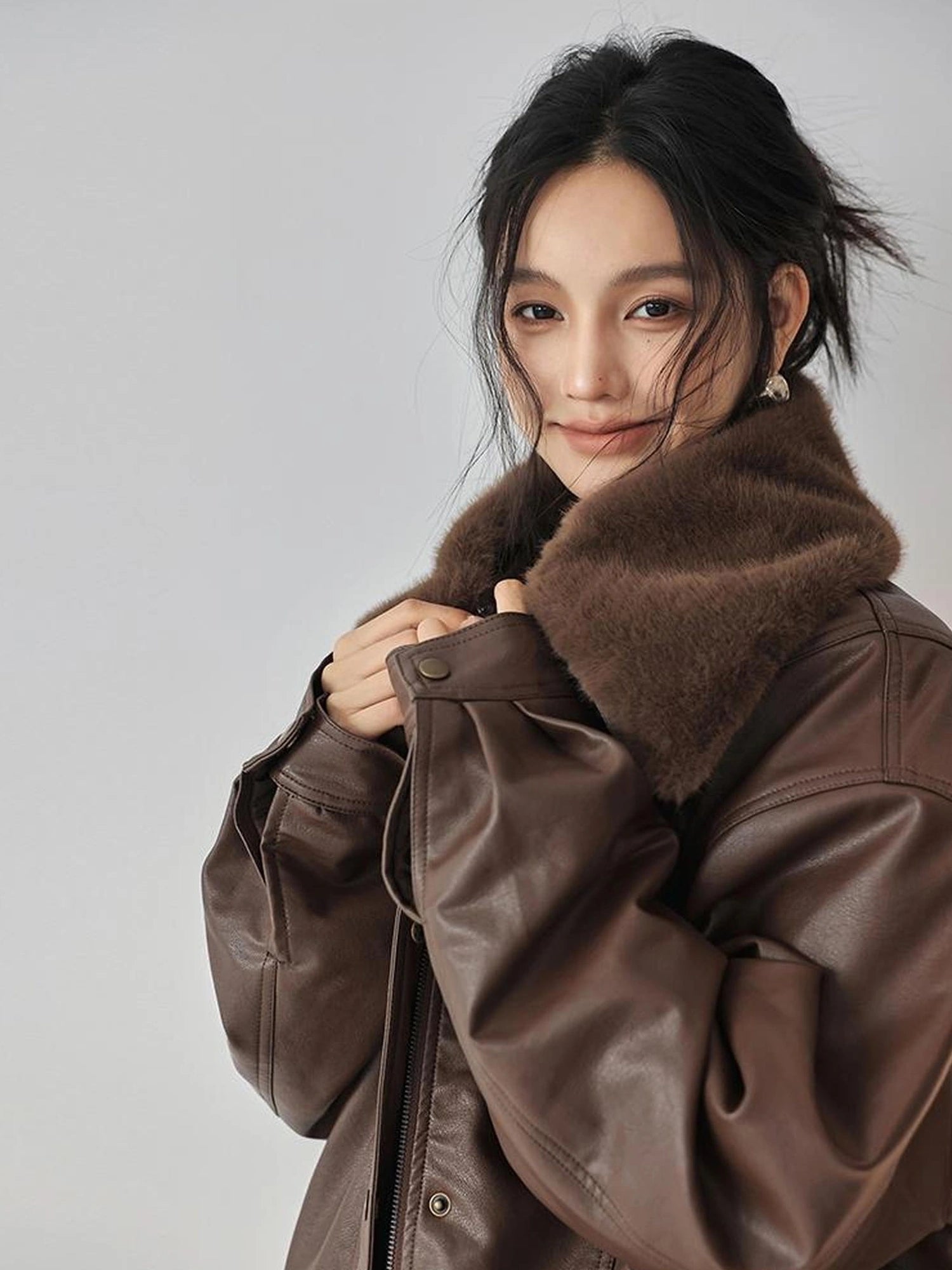 FU FRESH UP Fall Winter Eco Pu Shearling Collar Jacket