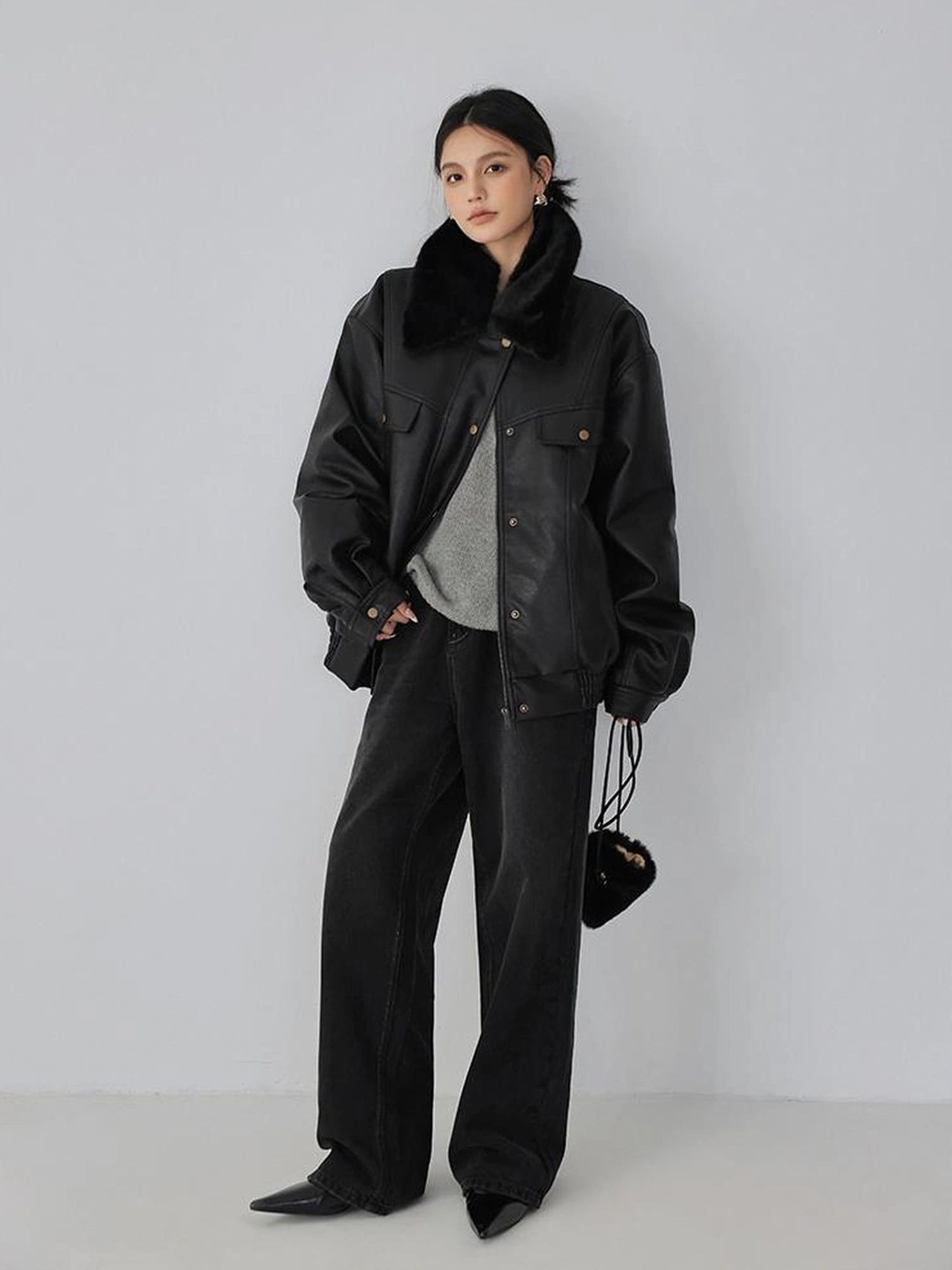 FU FRESH UP Fall Winter Eco Pu Shearling Collar Jacket