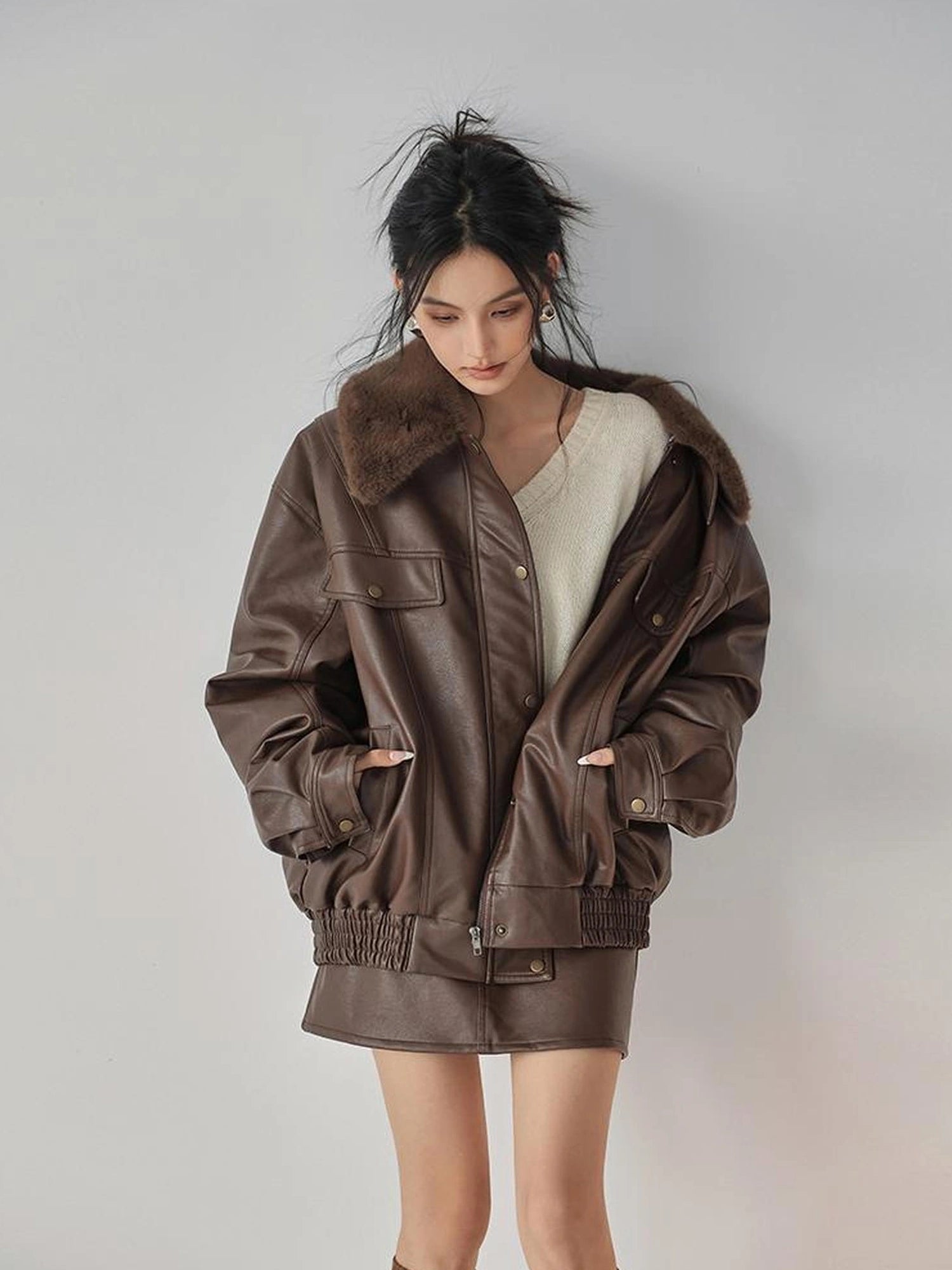 FU FRESH UP Fall Winter Eco Pu Shearling Collar Jacket