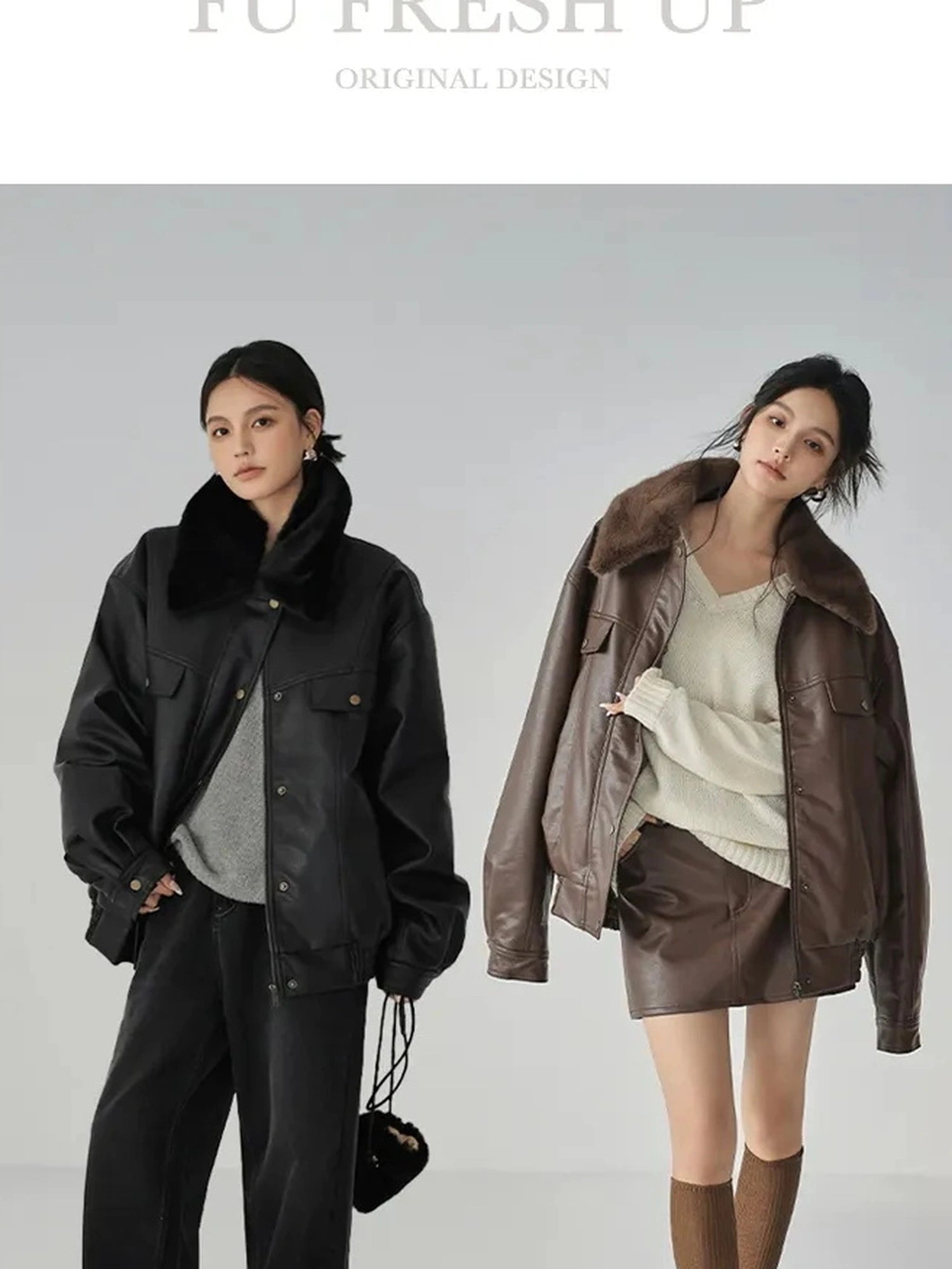 FU FRESH UP Fall Winter Eco Pu Shearling Collar Jacket