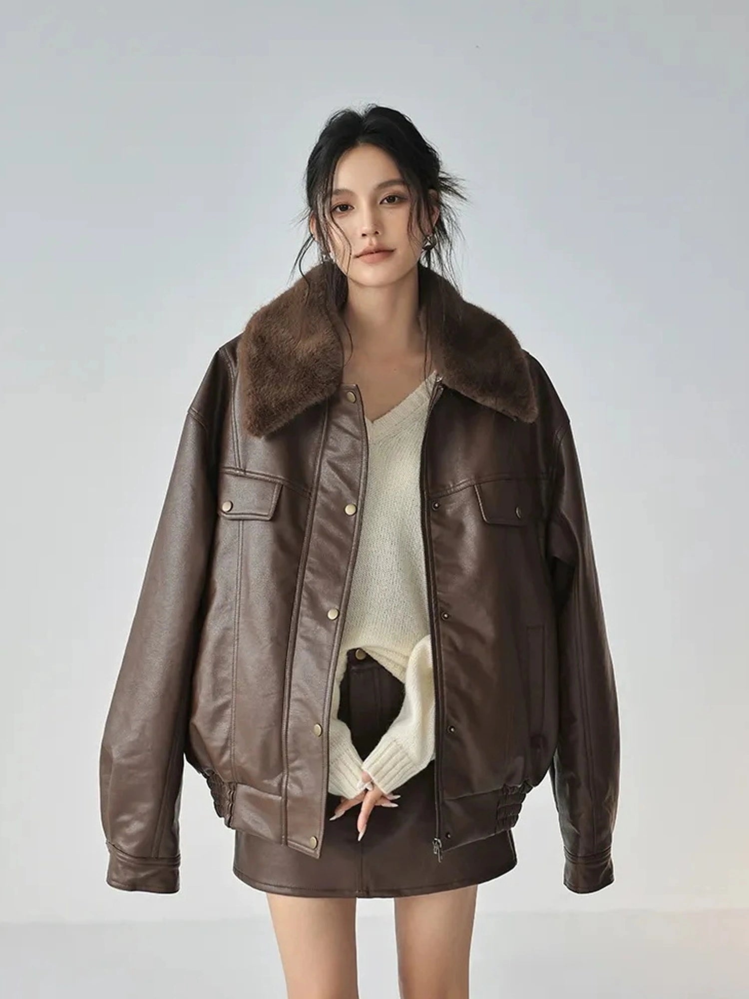 FU FRESH UP Fall Winter Eco Pu Shearling Collar Jacket