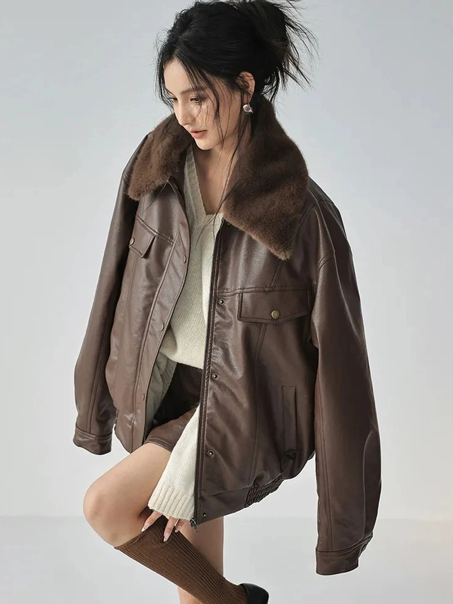 FU FRESH UP Fall Winter Eco Pu Shearling Collar Jacket