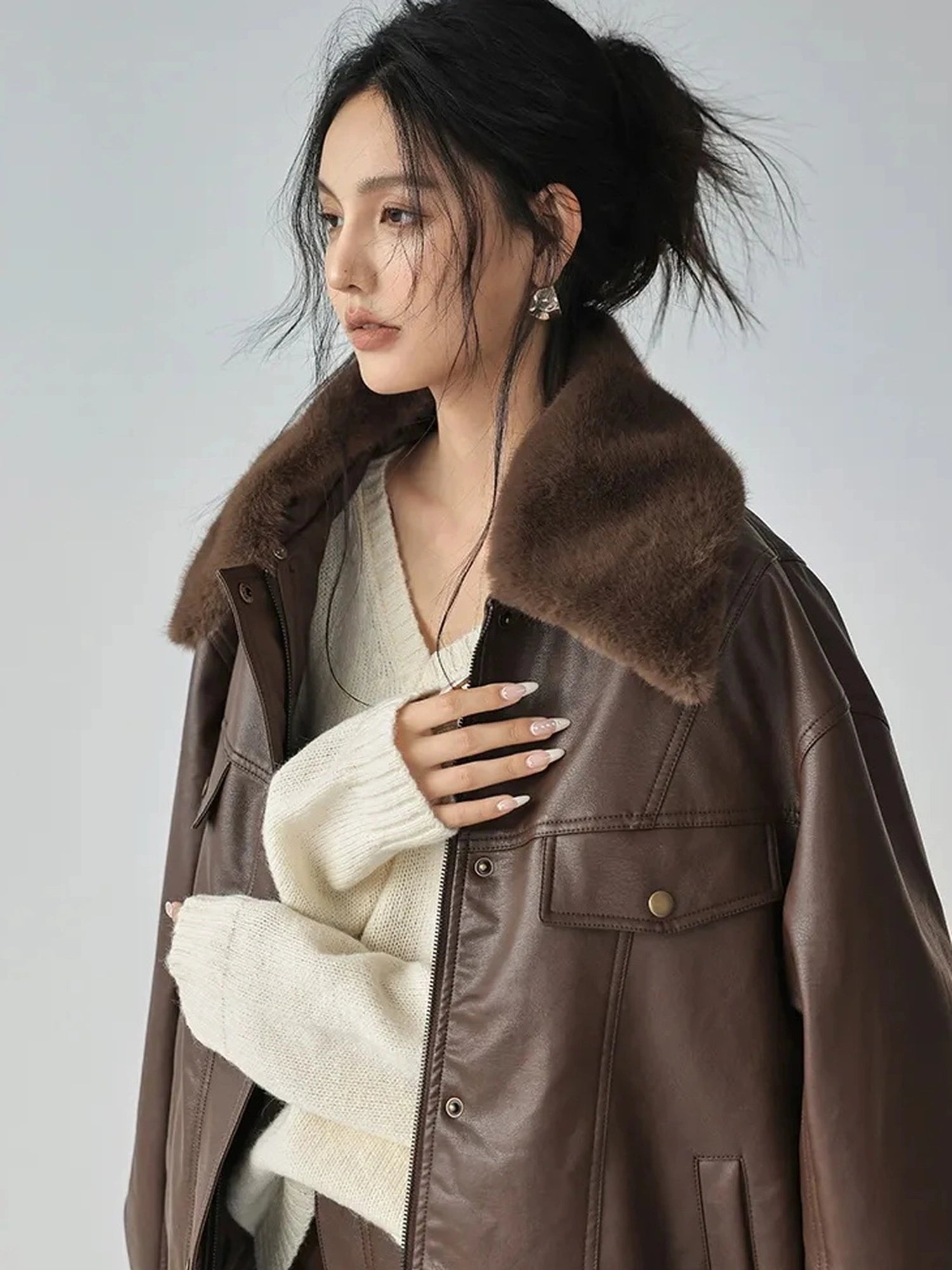 FU FRESH UP Fall Winter Eco Pu Shearling Collar Jacket