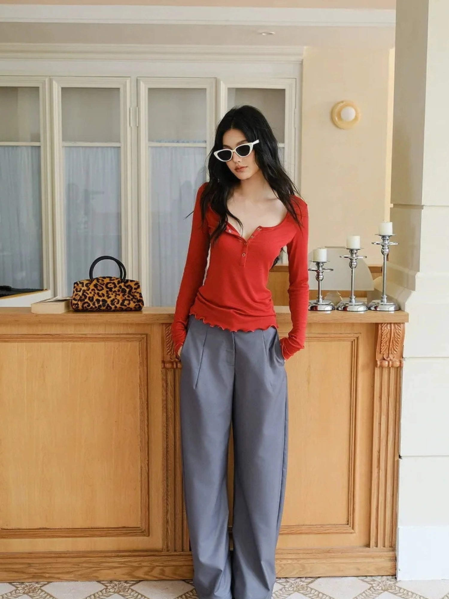 FU FRESH UP Fall Winter Lem Style Drop Shaped Wide Leg Trousers