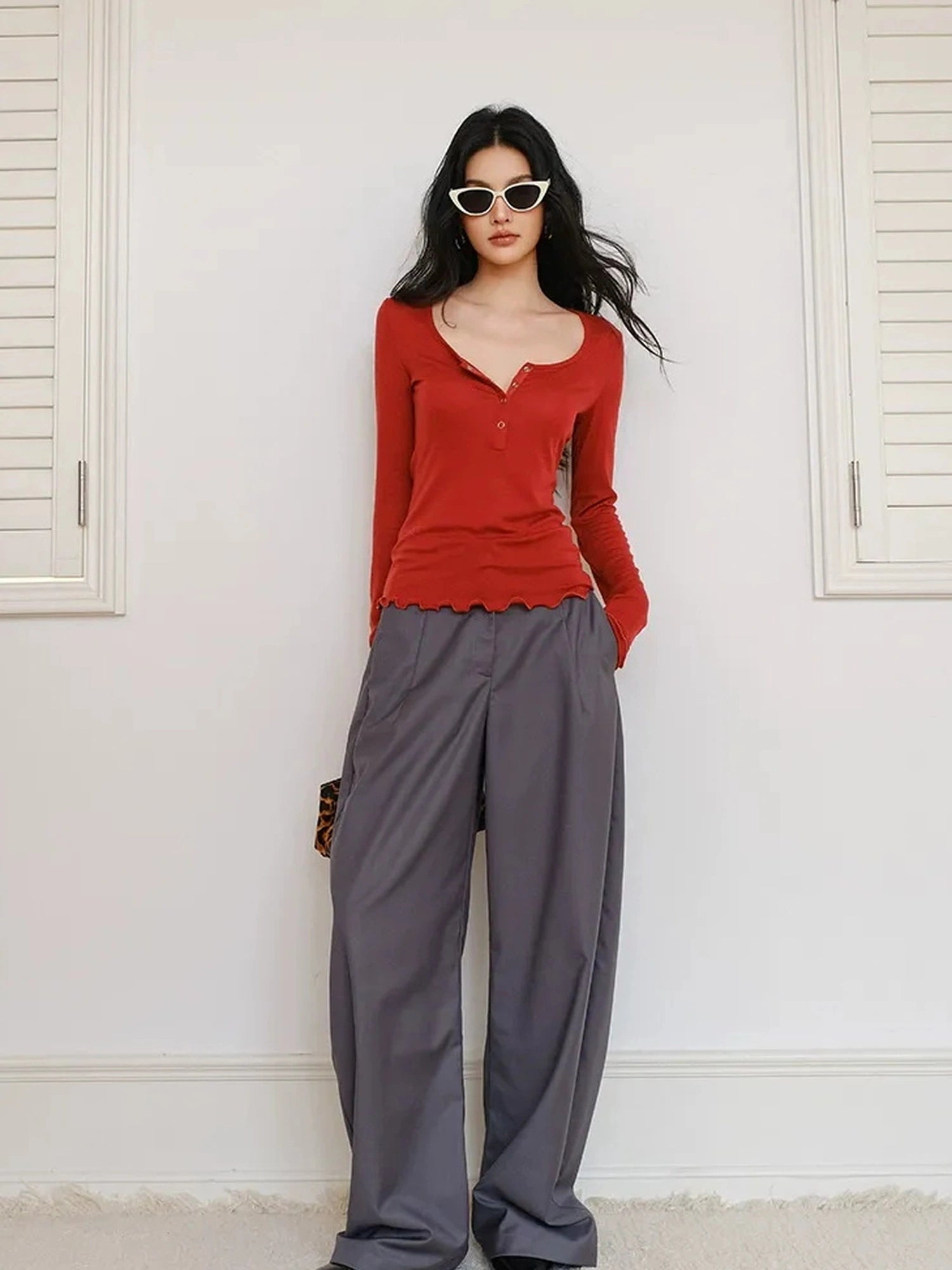 FU FRESH UP Fall Winter Lem Style Drop Shaped Wide Leg Trousers