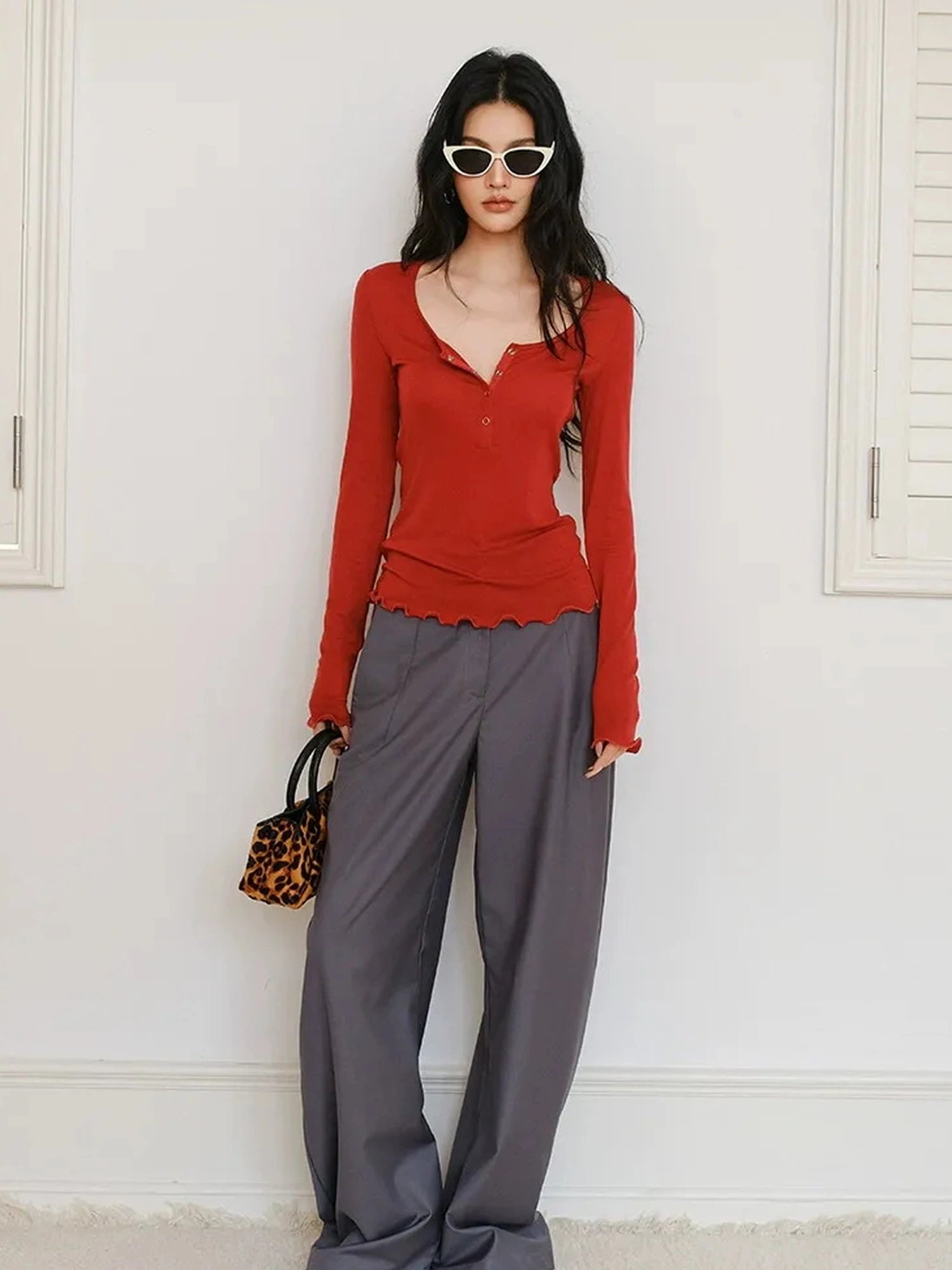 FU FRESH UP Fall Winter Lem Style Drop Shaped Wide Leg Trousers