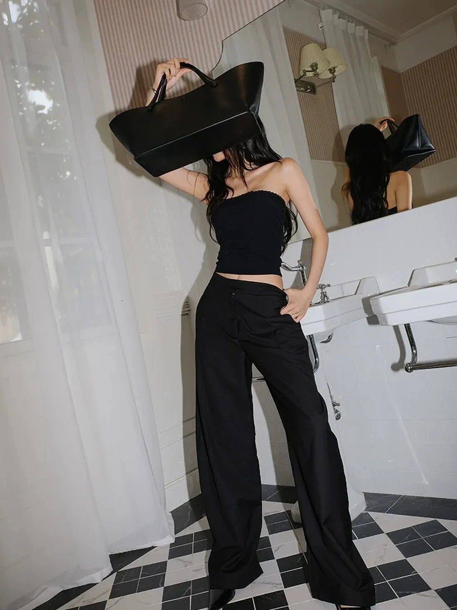 FU FRESH UP Fall Winter Lem Style Drop Shaped Wide Leg Trousers