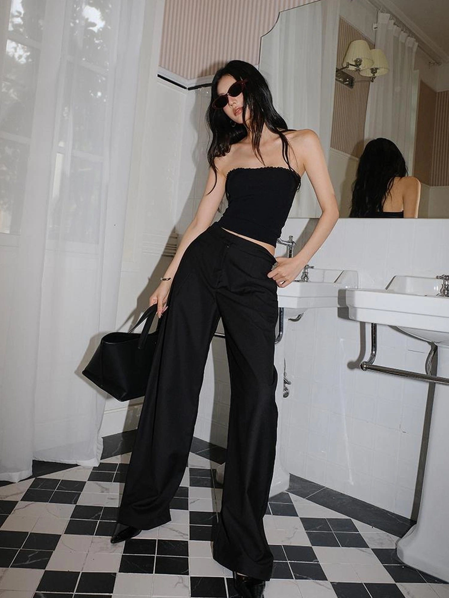 FU FRESH UP Fall Winter Lem Style Drop Shaped Wide Leg Trousers