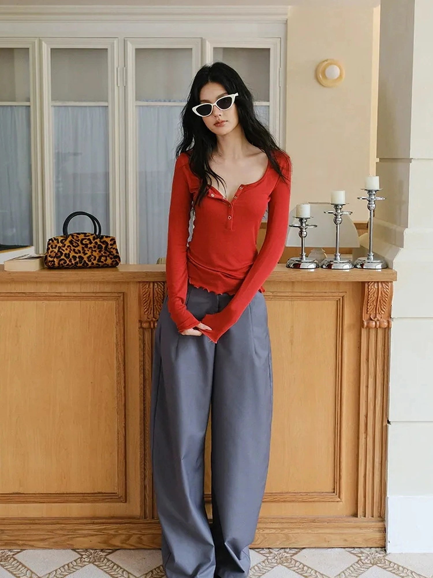 FU FRESH UP Fall Winter Lem Style Drop Shaped Wide Leg Trousers