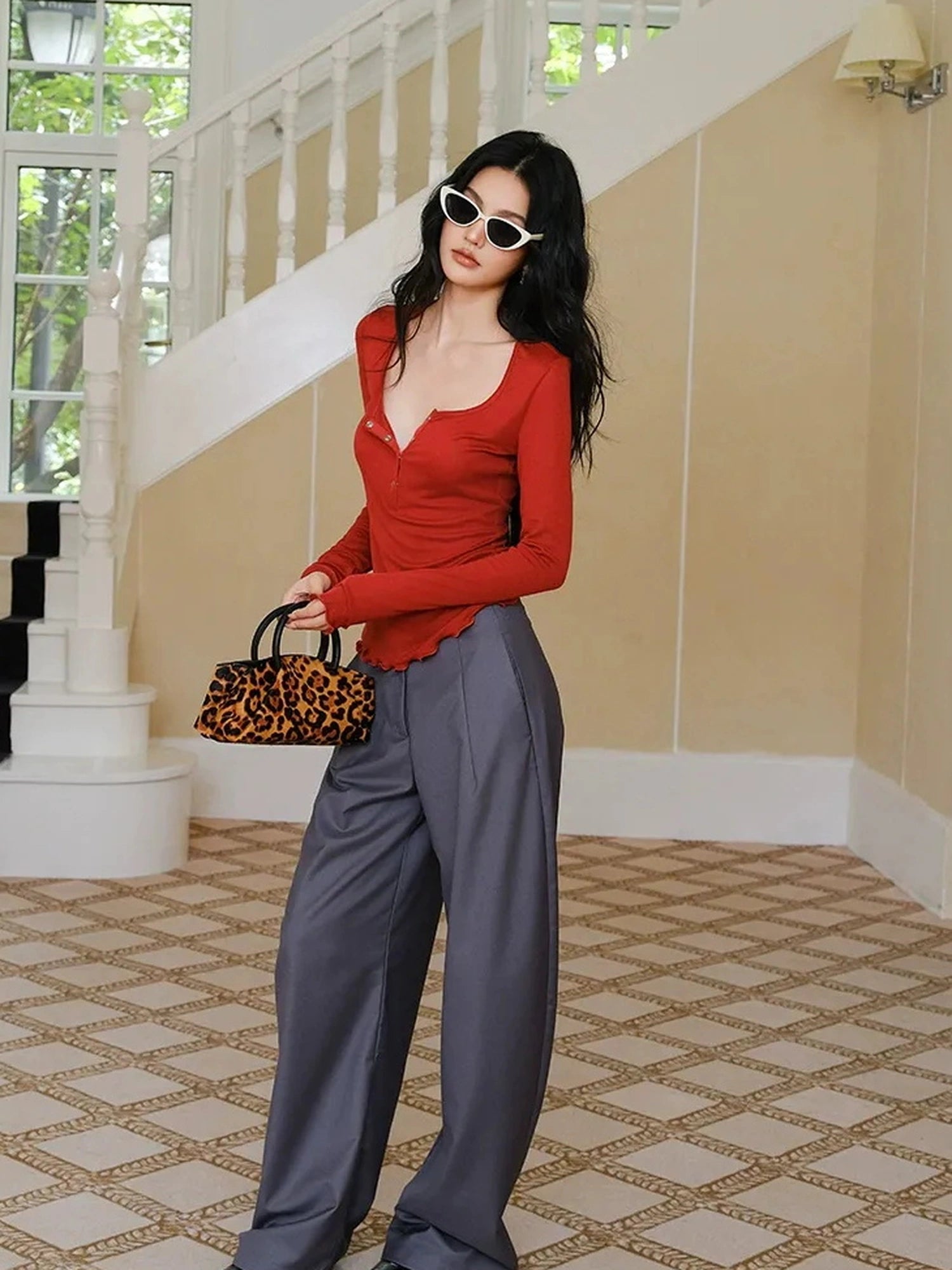 FU FRESH UP Fall Winter Lem Style Drop Shaped Wide Leg Trousers