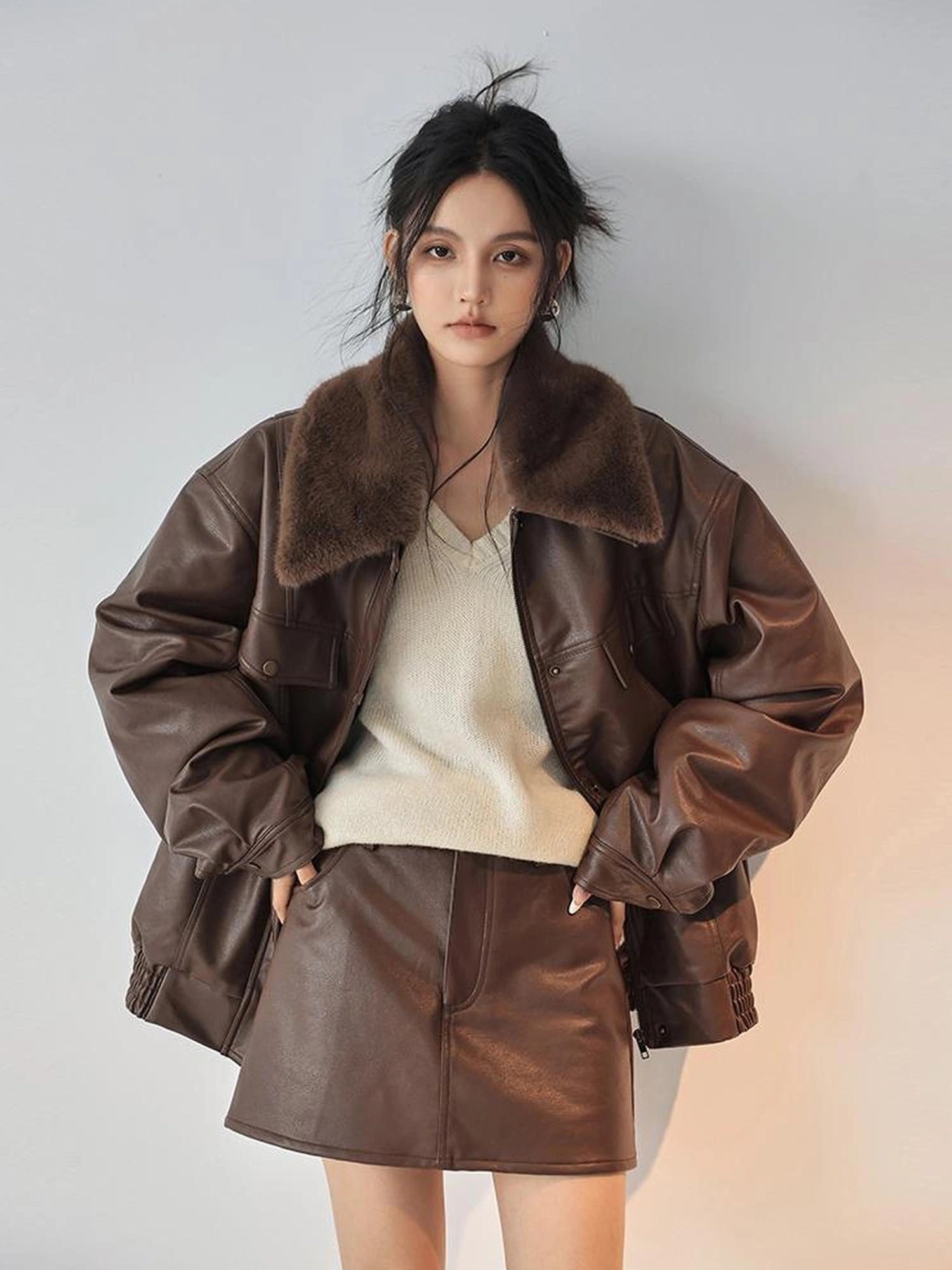FU FRESH UP Fall Winter Pu Leather A Line Mini Skirt
