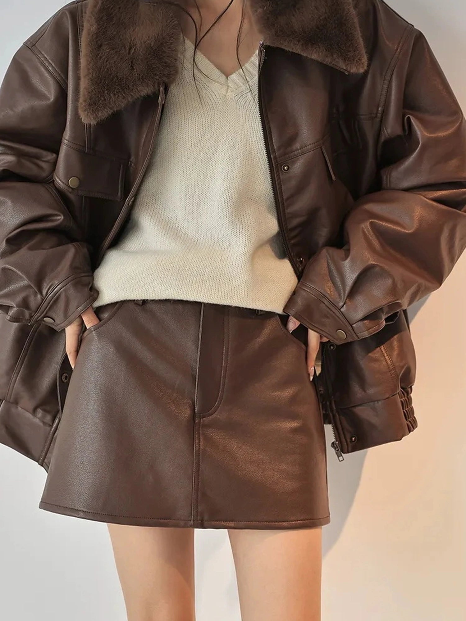 FU FRESH UP Fall Winter Pu Leather A Line Mini Skirt