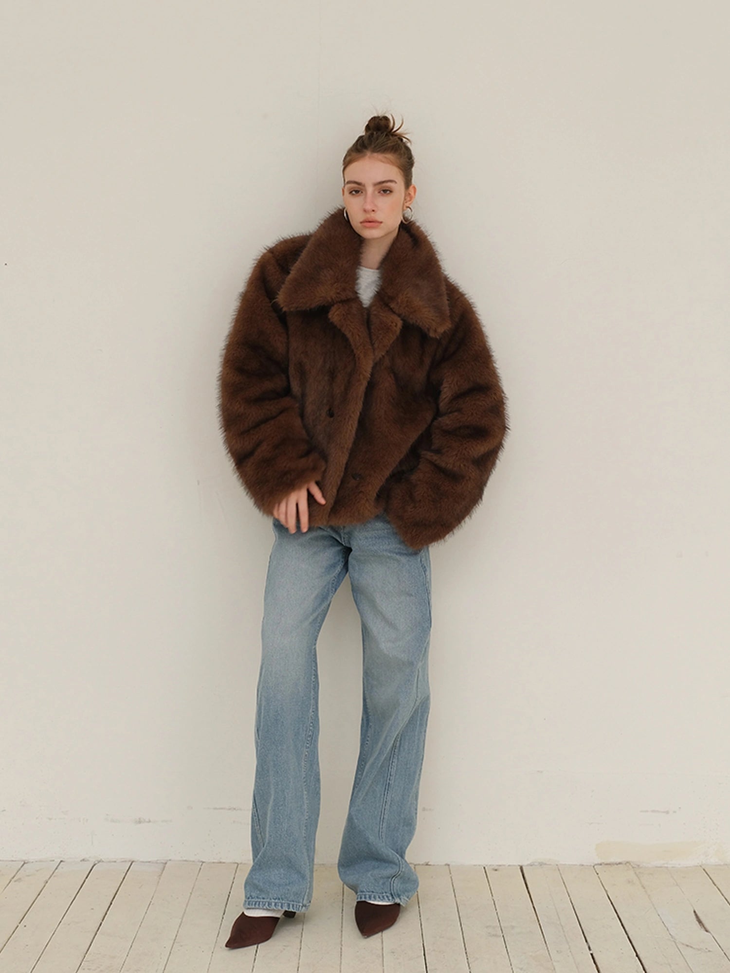 Faux Fox Fur Collar Winter Coat V-neck T-shirt Long Sleeve