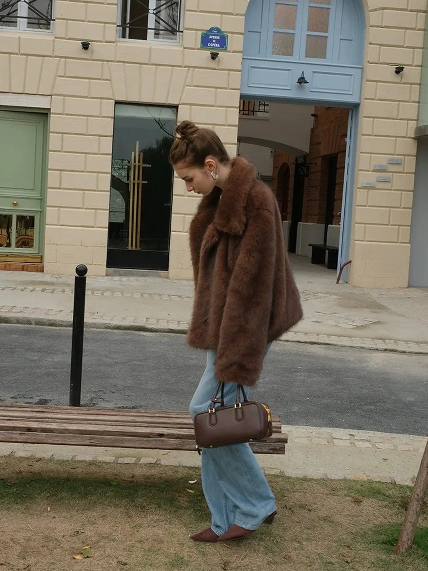 Faux Fox Fur Collar Winter Coat V-neck T-shirt Long Sleeve