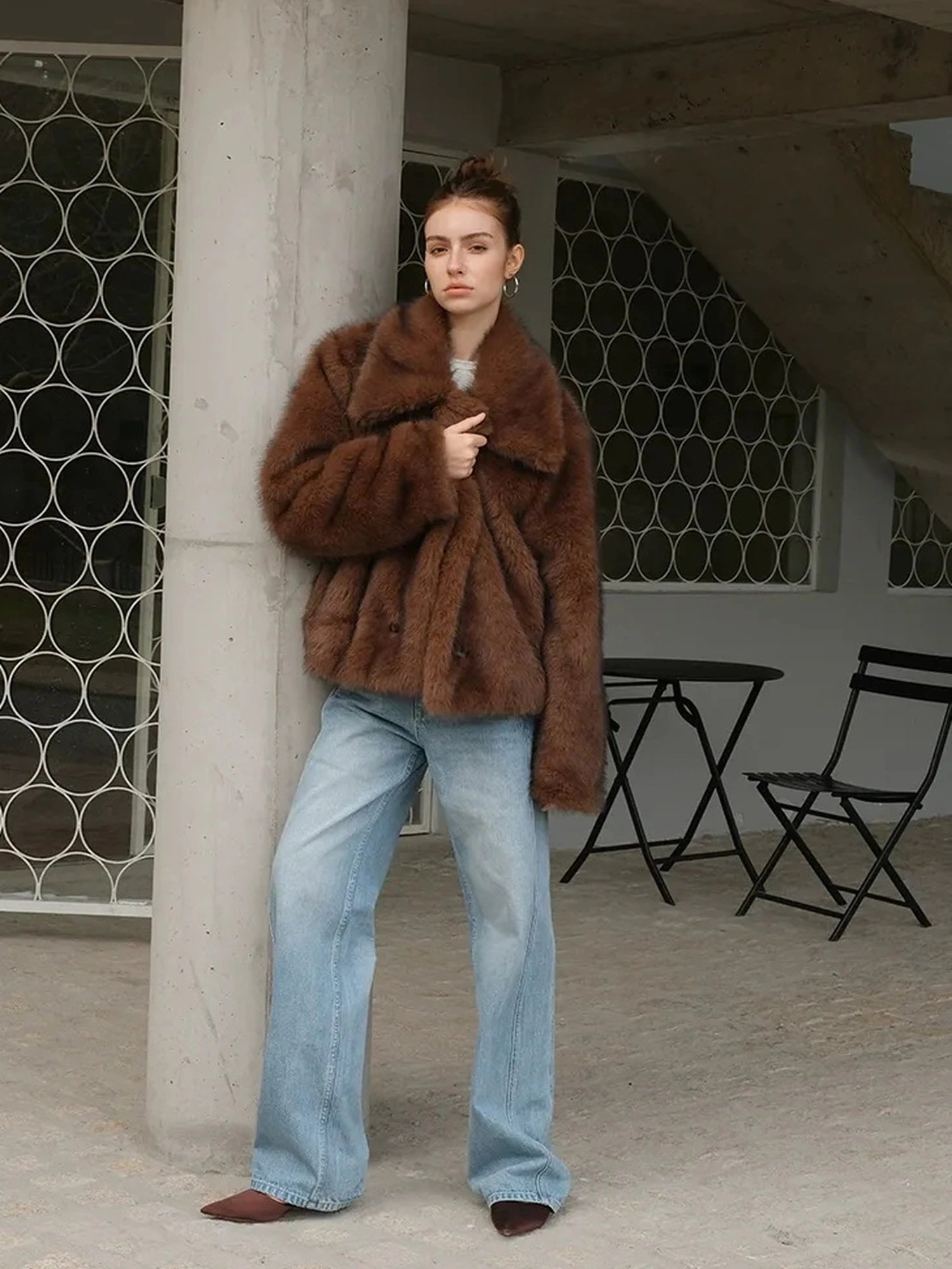 Faux Fox Fur Collar Winter Coat V-neck T-shirt Long Sleeve
